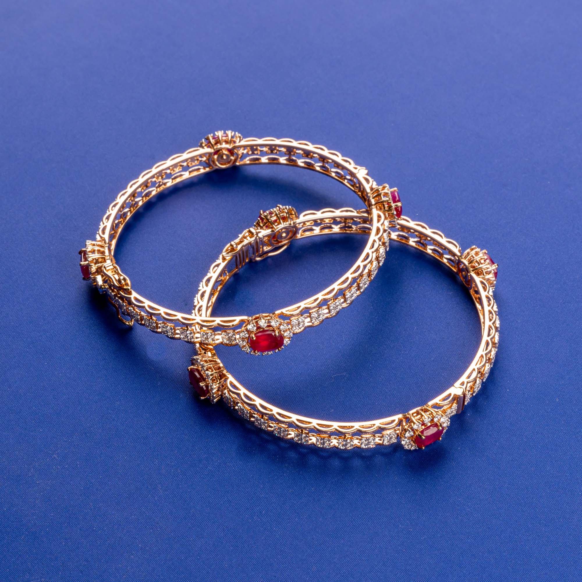 Enchanting Blooms: Handmade 18K Rose Gold Diamond Bangle with Delicate Floral Motif and 4 Sparkling Ruby Accents