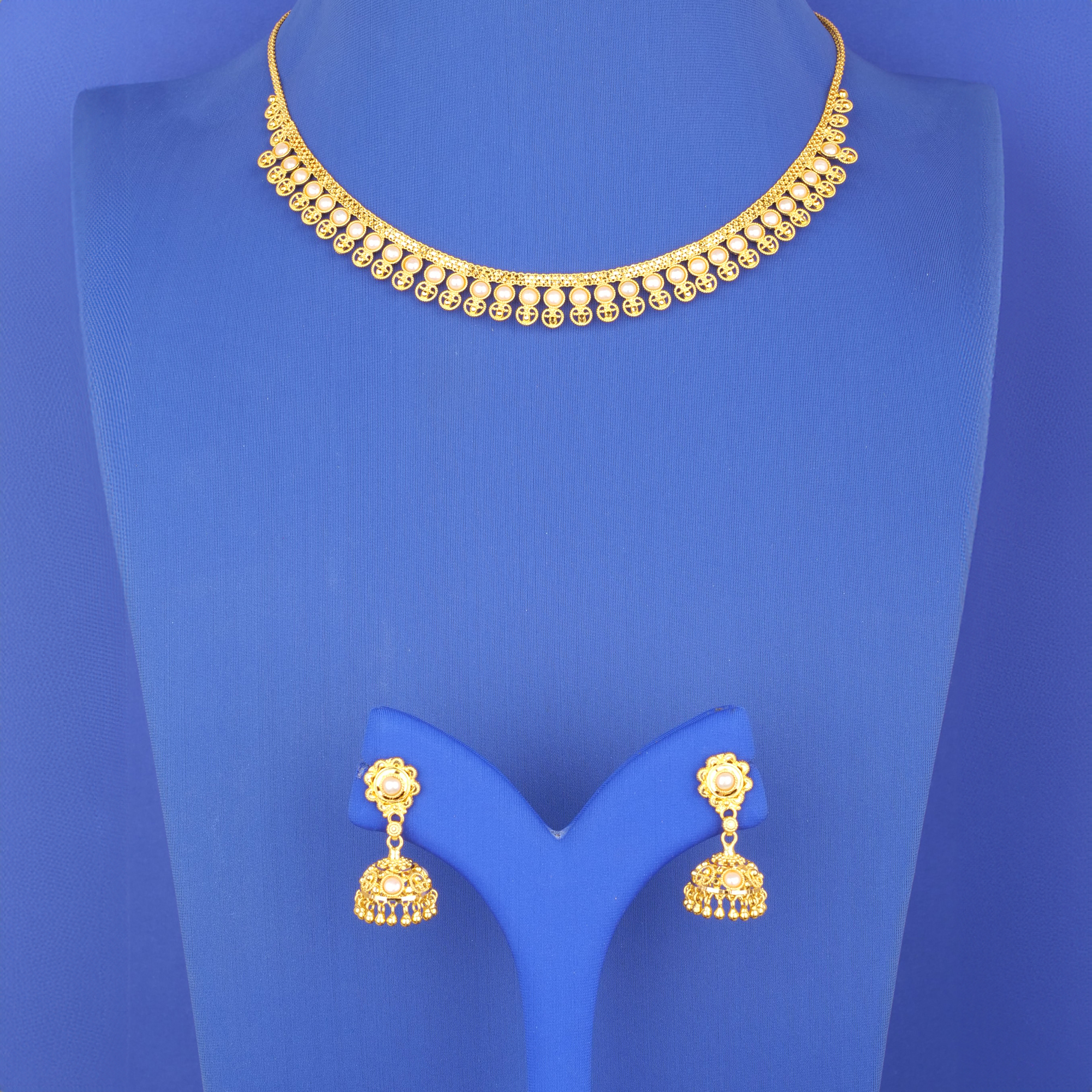 22K Gold Pearl Necklace Earring Set