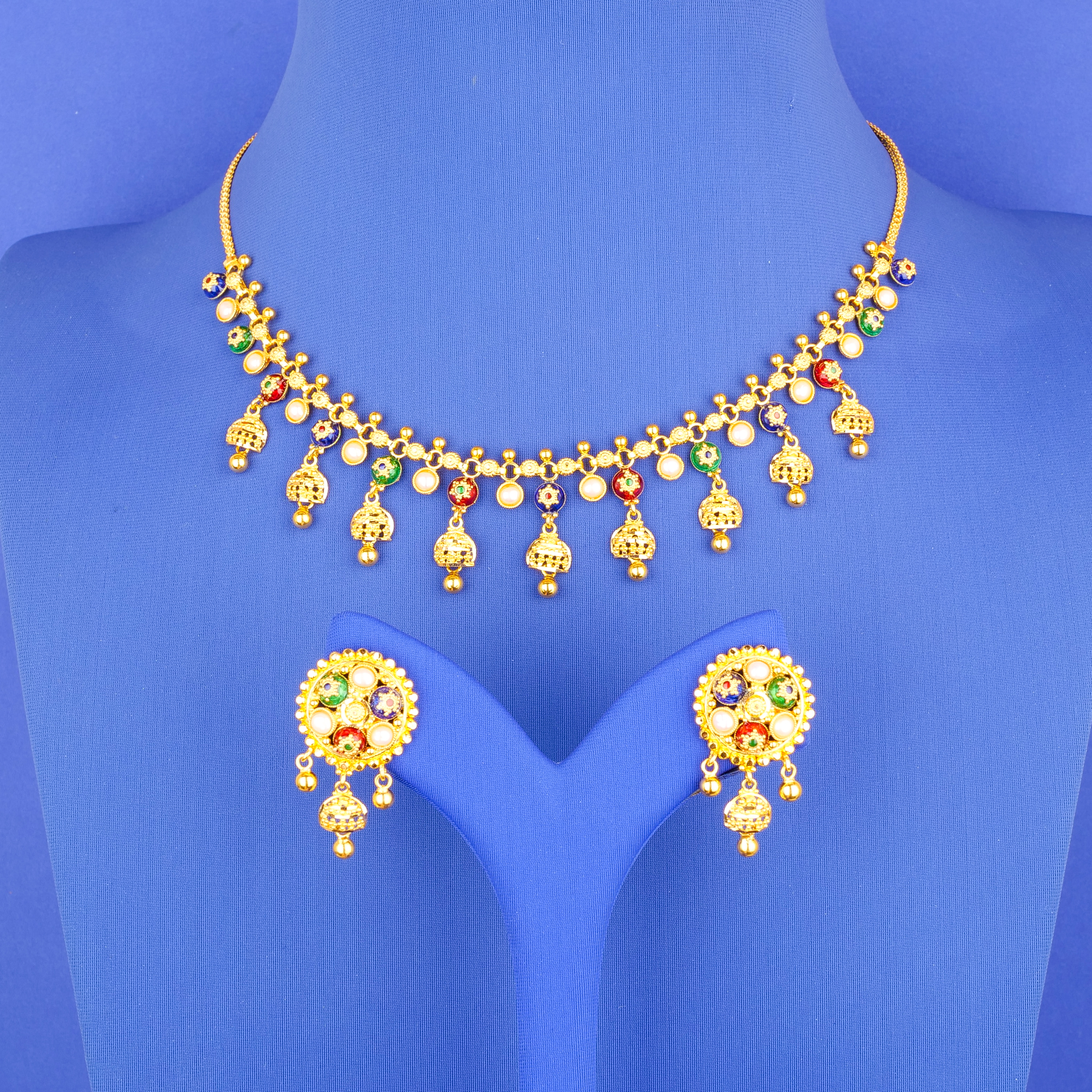 22K Minakari Gold Pearl Necklace Earring Set