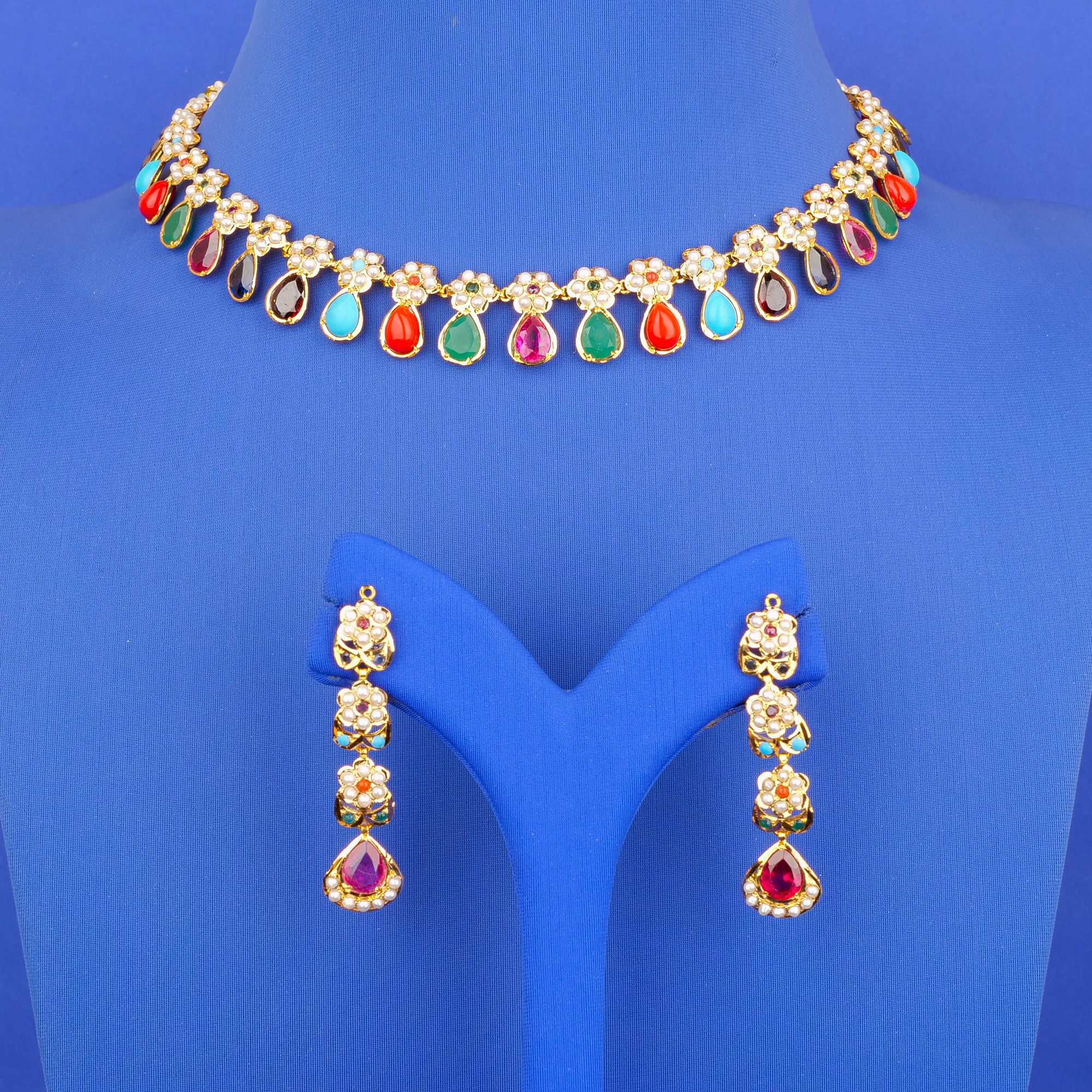 22K Pearl Navratna Necklace Earring Set