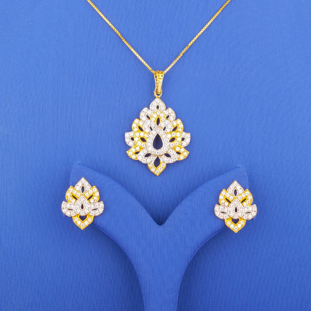 Twenty-Two Karat Two-Tone Gold Cubic Zirconia Pendant and Earrings Set (chain not included)