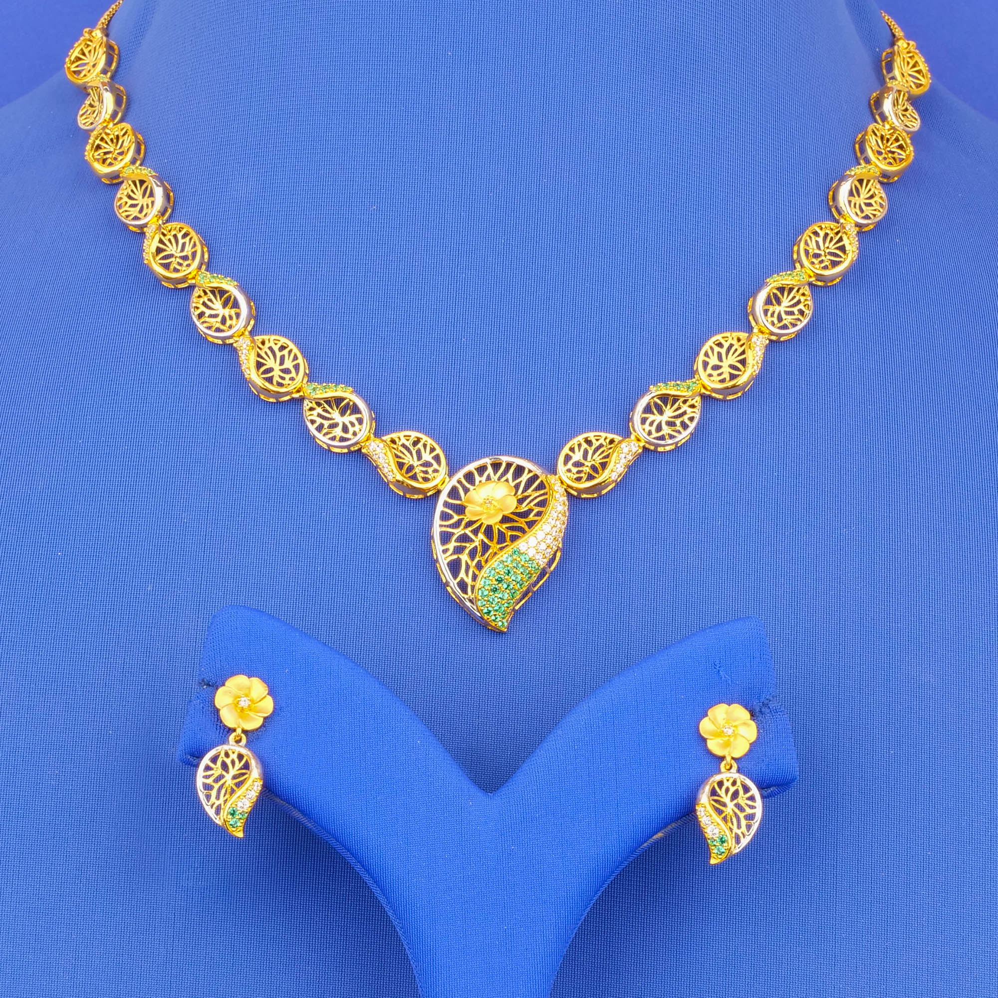 22K Gold Cubic Zirconia and Colored Stone Necklace and Earring Set