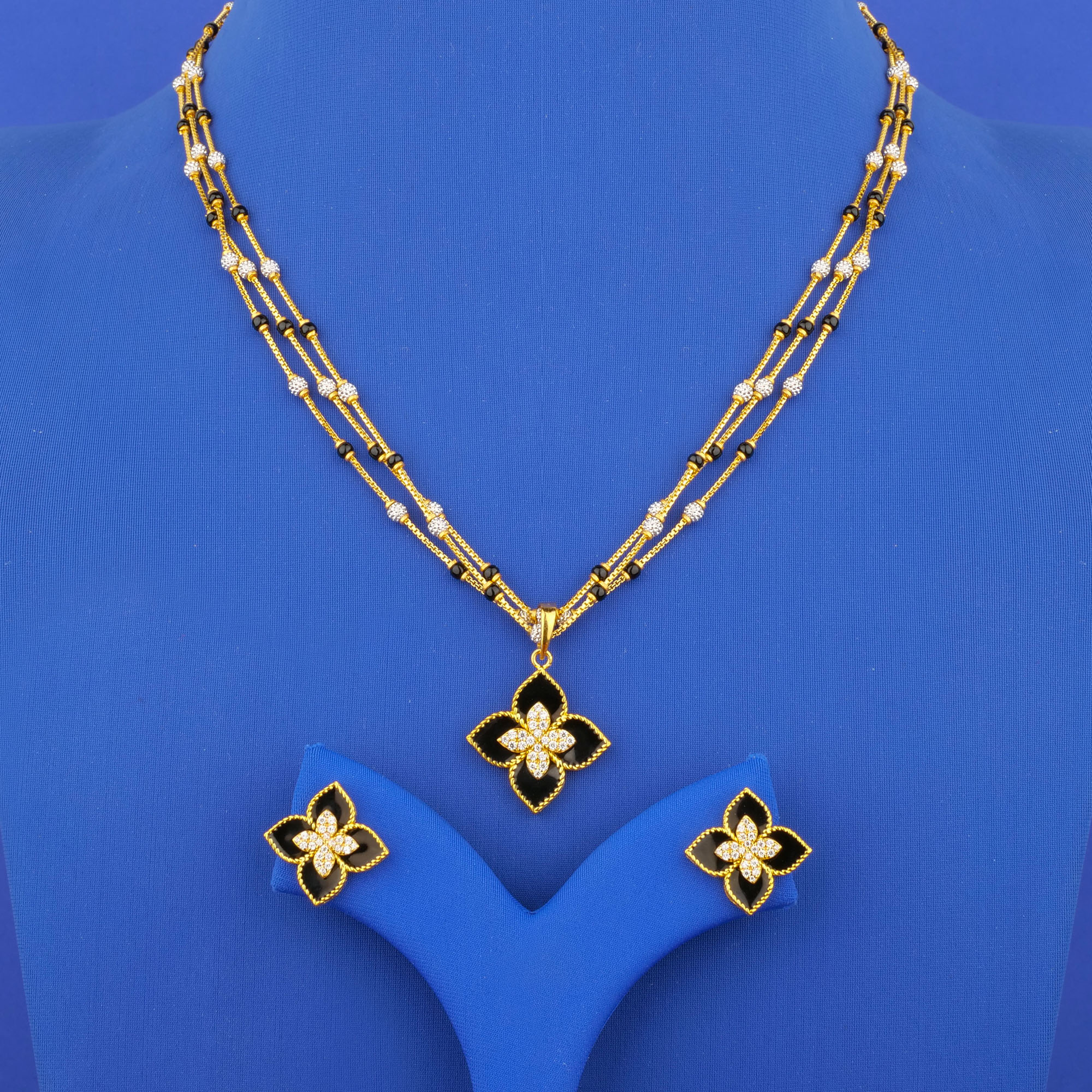 22K Minakari Two-Tone Gold Cubic Zirconia Blackbead Necklace and Earrings Set