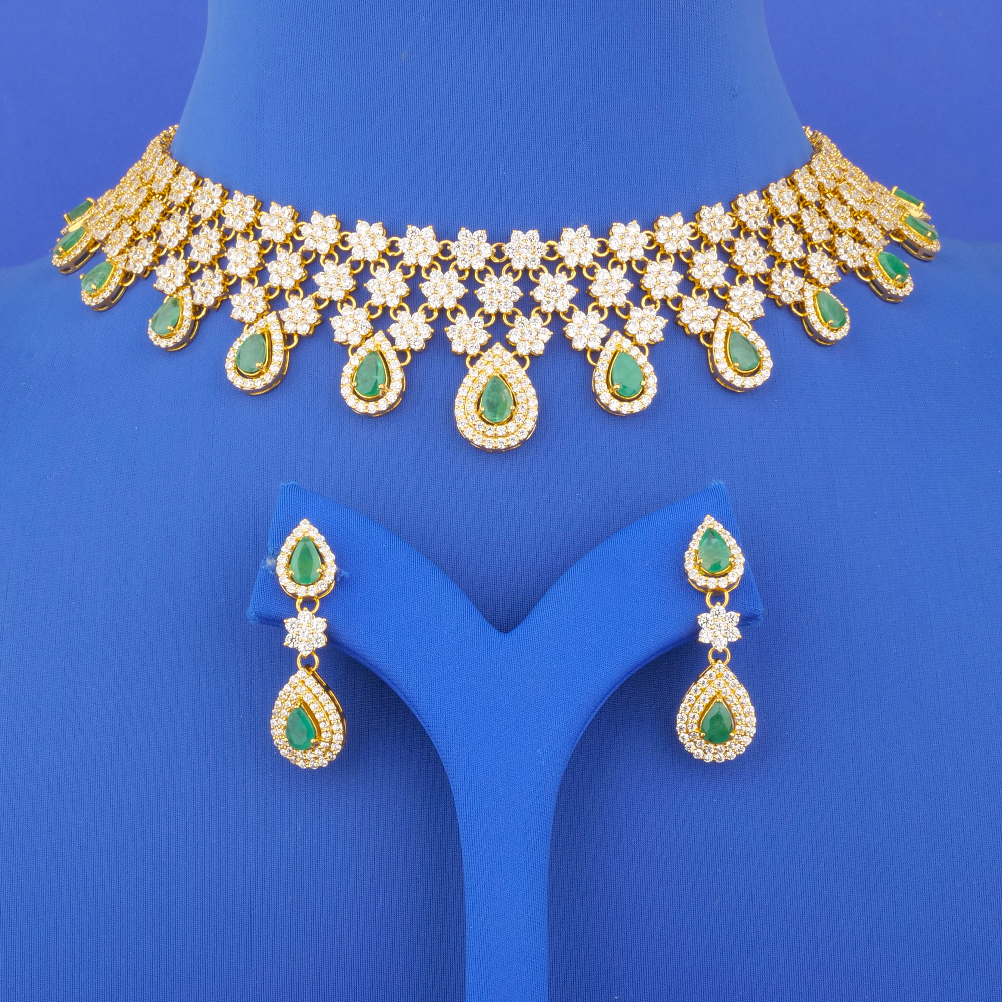 22K Gold Emerald Cubic Zirconia Necklace and Earrings Set