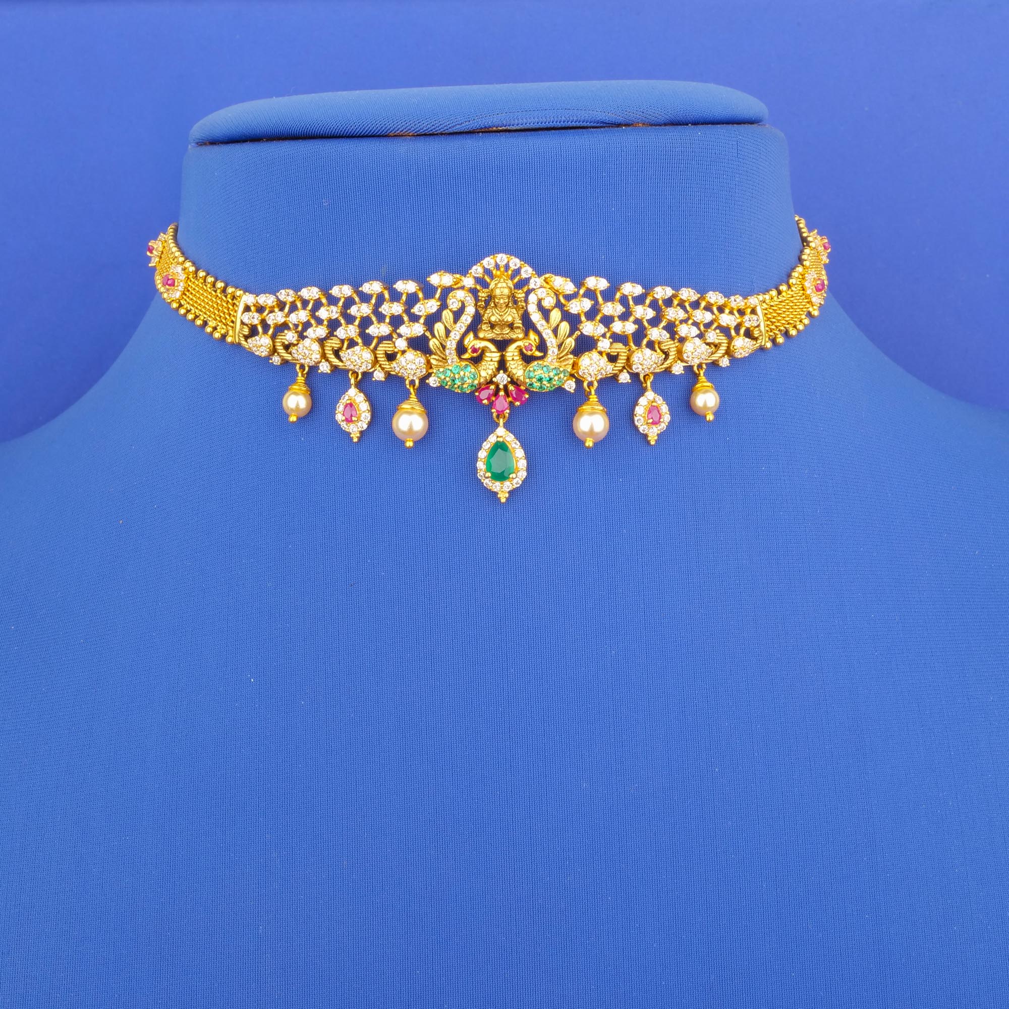 22K Gold 'Lakshmi' Cubic Zirconia/Colored Stone Choker/Bajubandh
