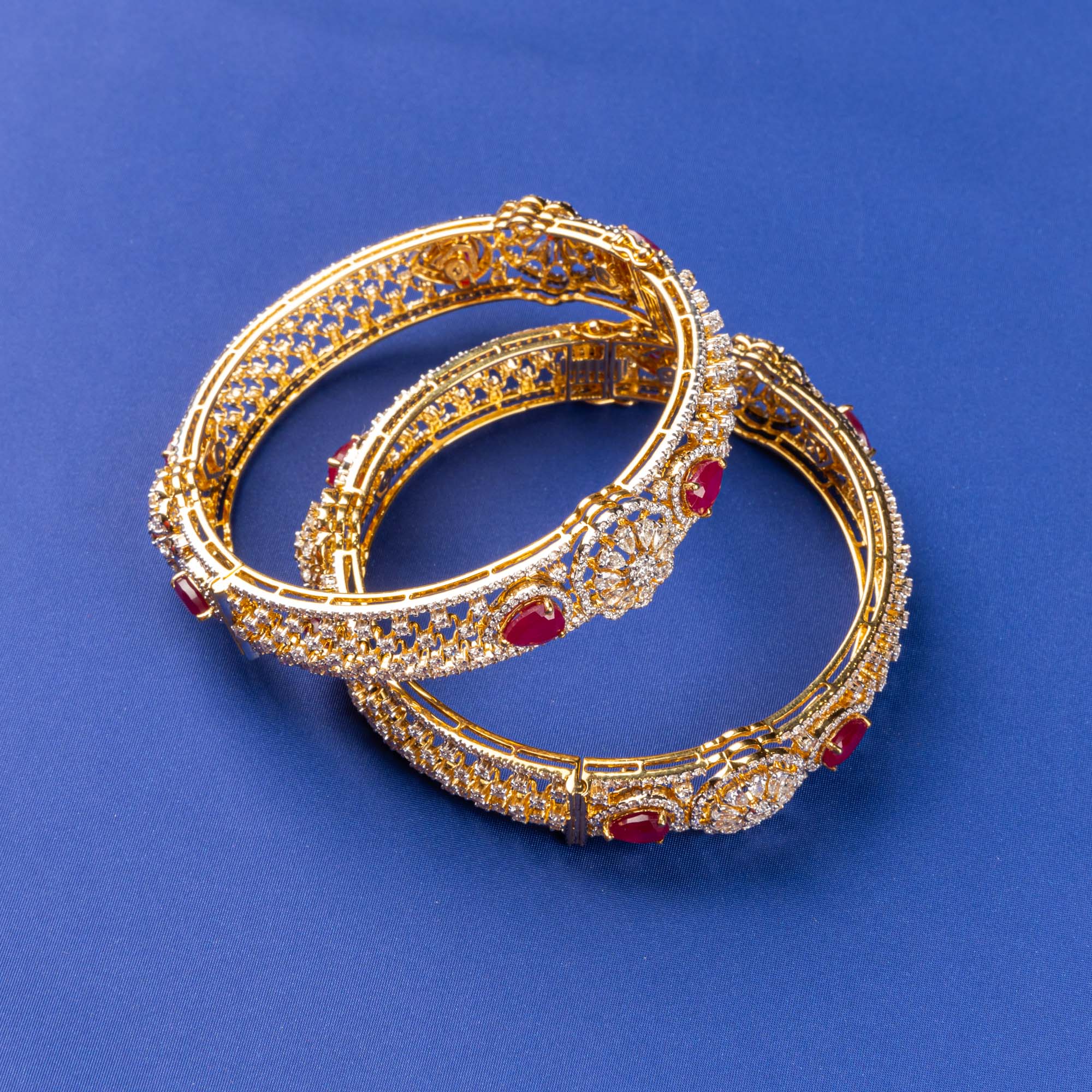 Ruby Red Allure: Handmade 18K Yellow Gold Diamond and Ruby Bangles