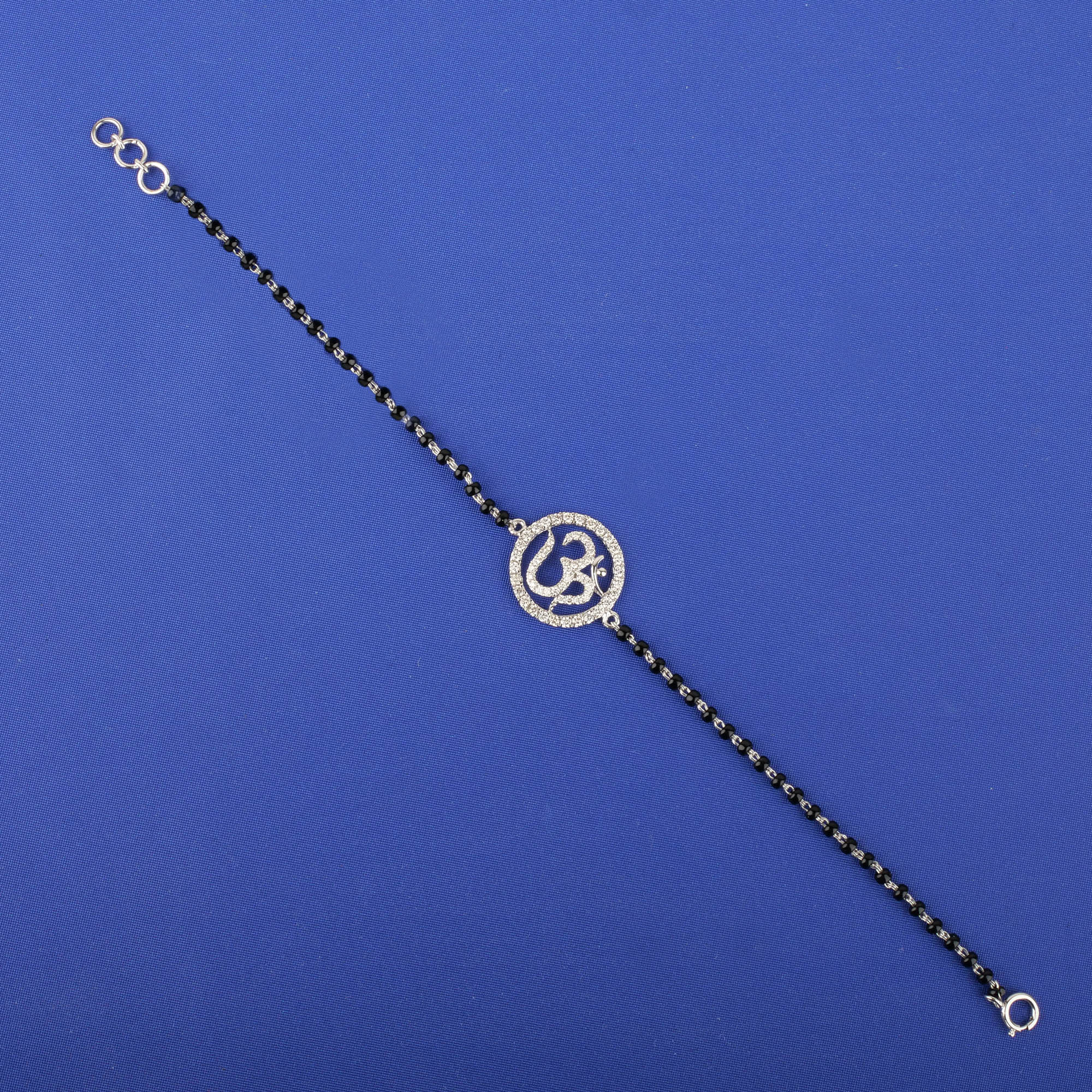 18K White Gold Diamond 'Om' Blackbead Bracelet