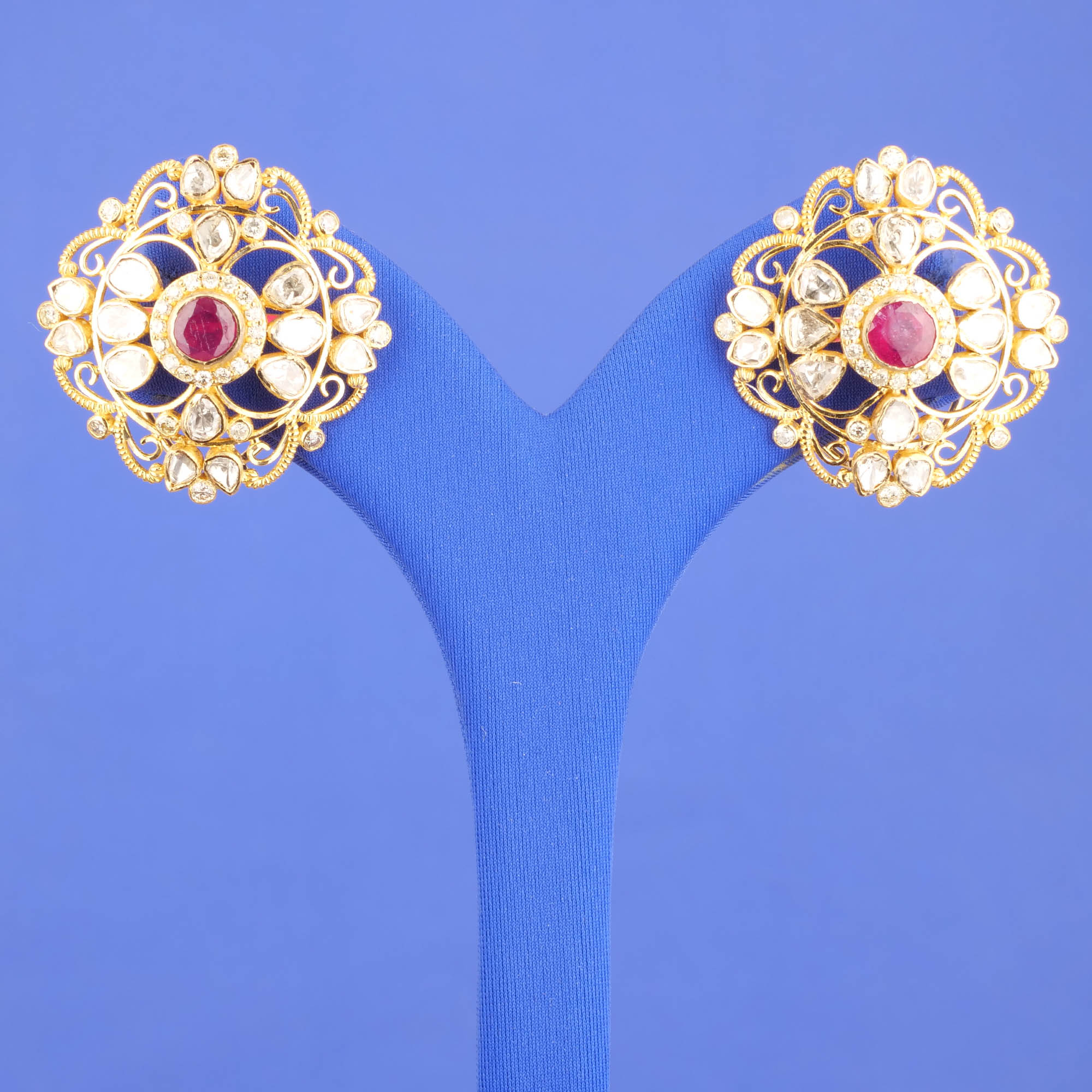 18K Yellow Gold Diamond/Polki Diamond Ruby Earrings