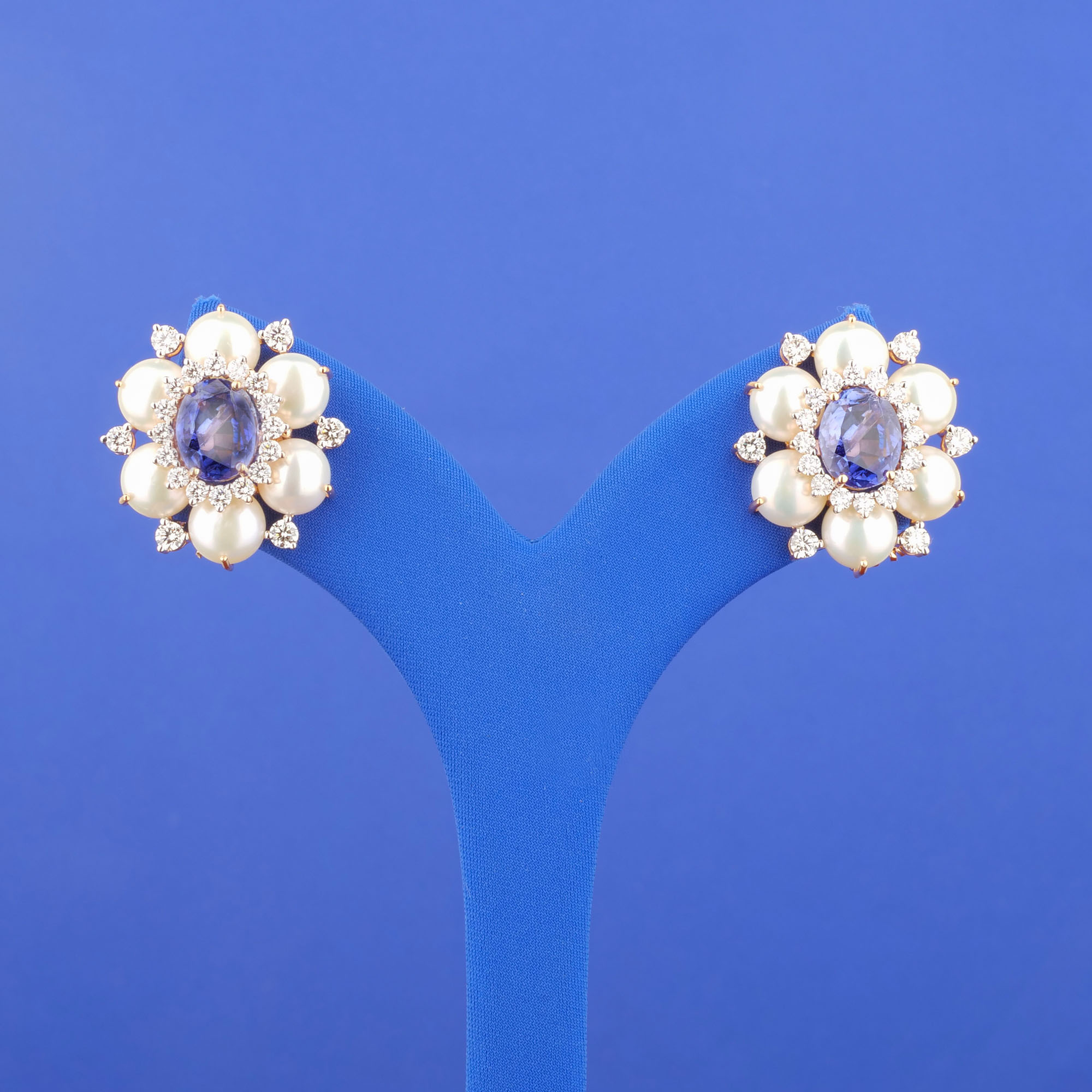 18K Rose Gold Diamond Pearl Tanzanite Earrings