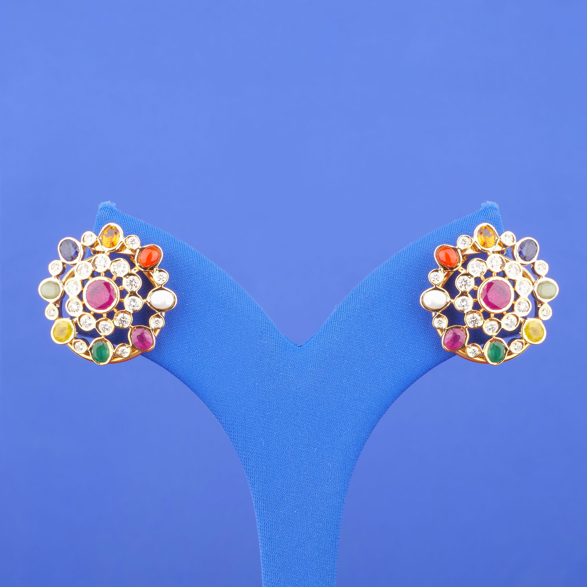 18K Gold Diamond Navratna Earrings