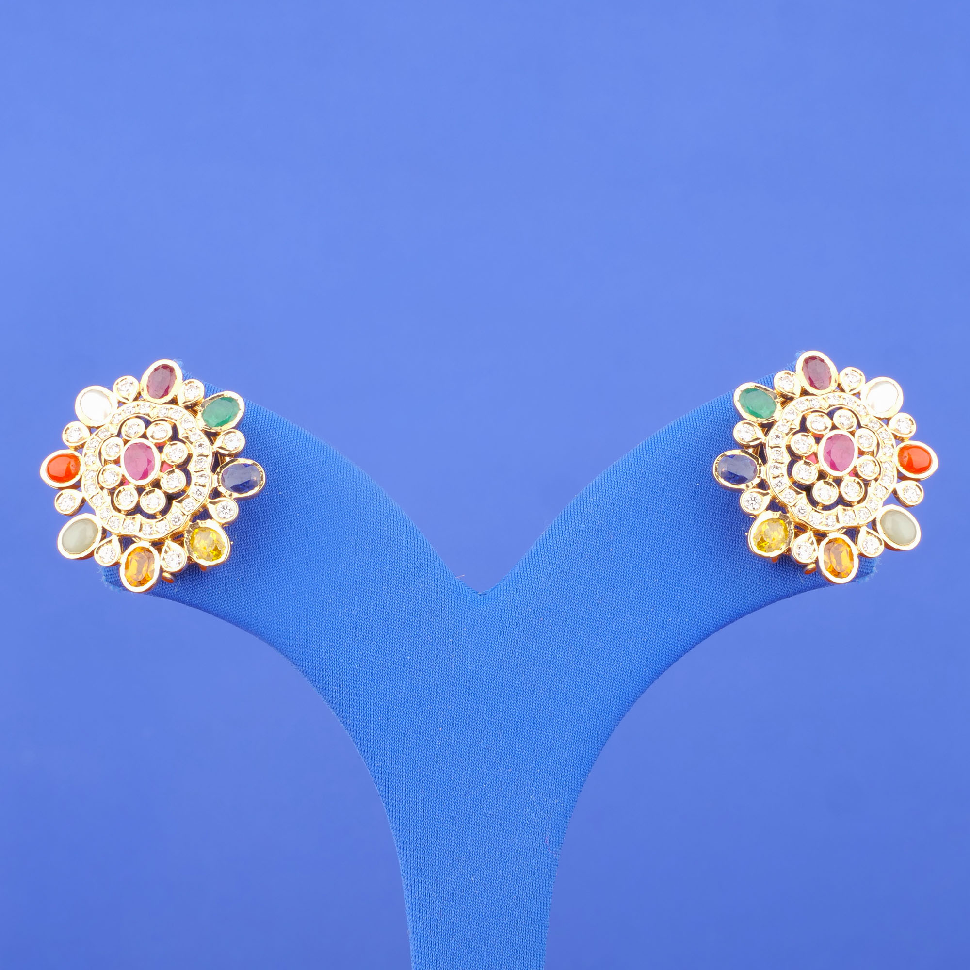 18K Gold Diamond Navratna Earrings