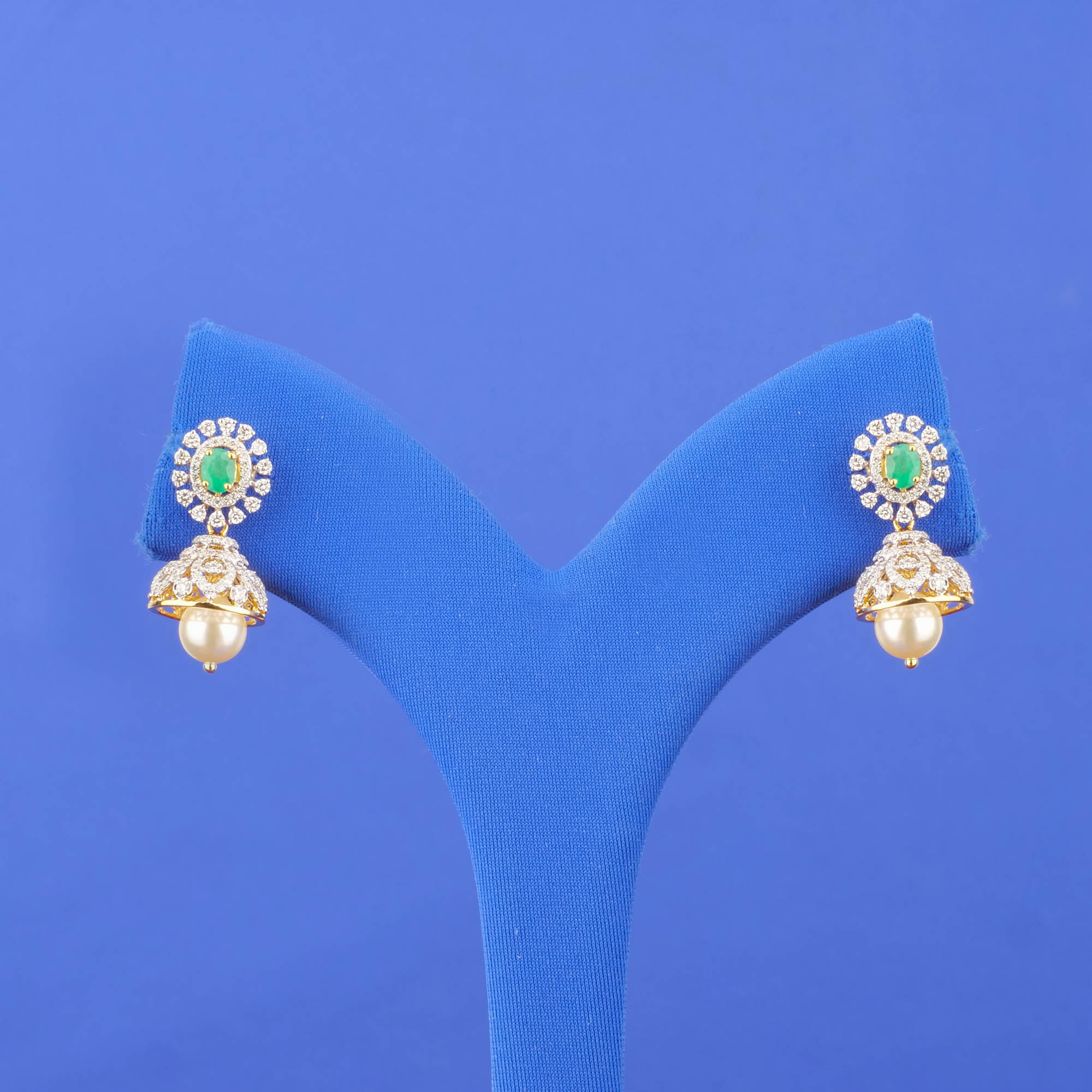 18K Yellow Gold Diamond Emerald Pearl 'Jhumka' Earrings