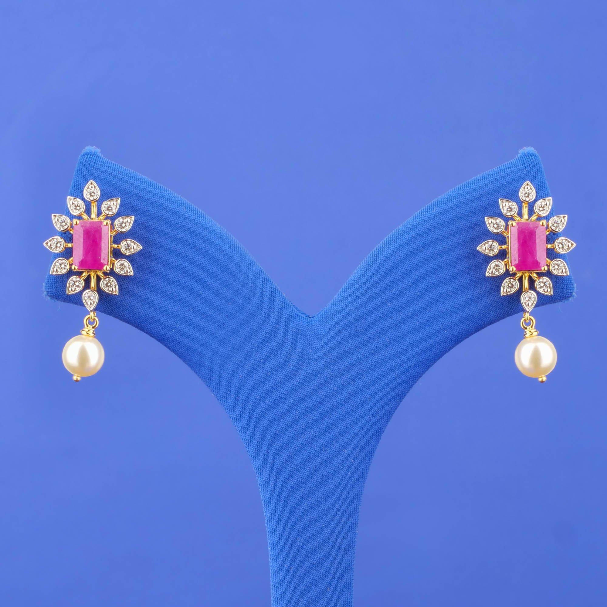 18K Yellow Gold Diamond Ruby Pearl Earrings