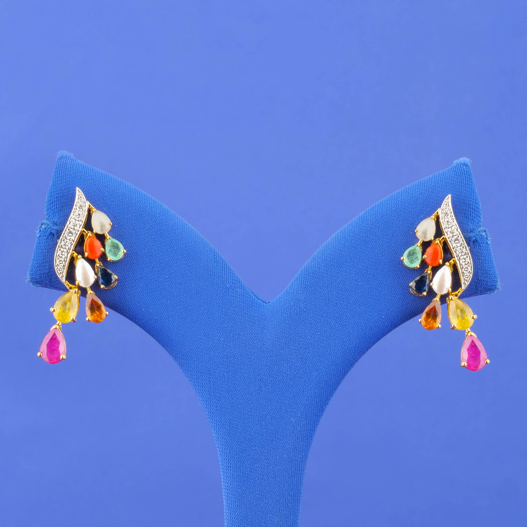 18K Yellow Gold Diamond Navratna Earrings