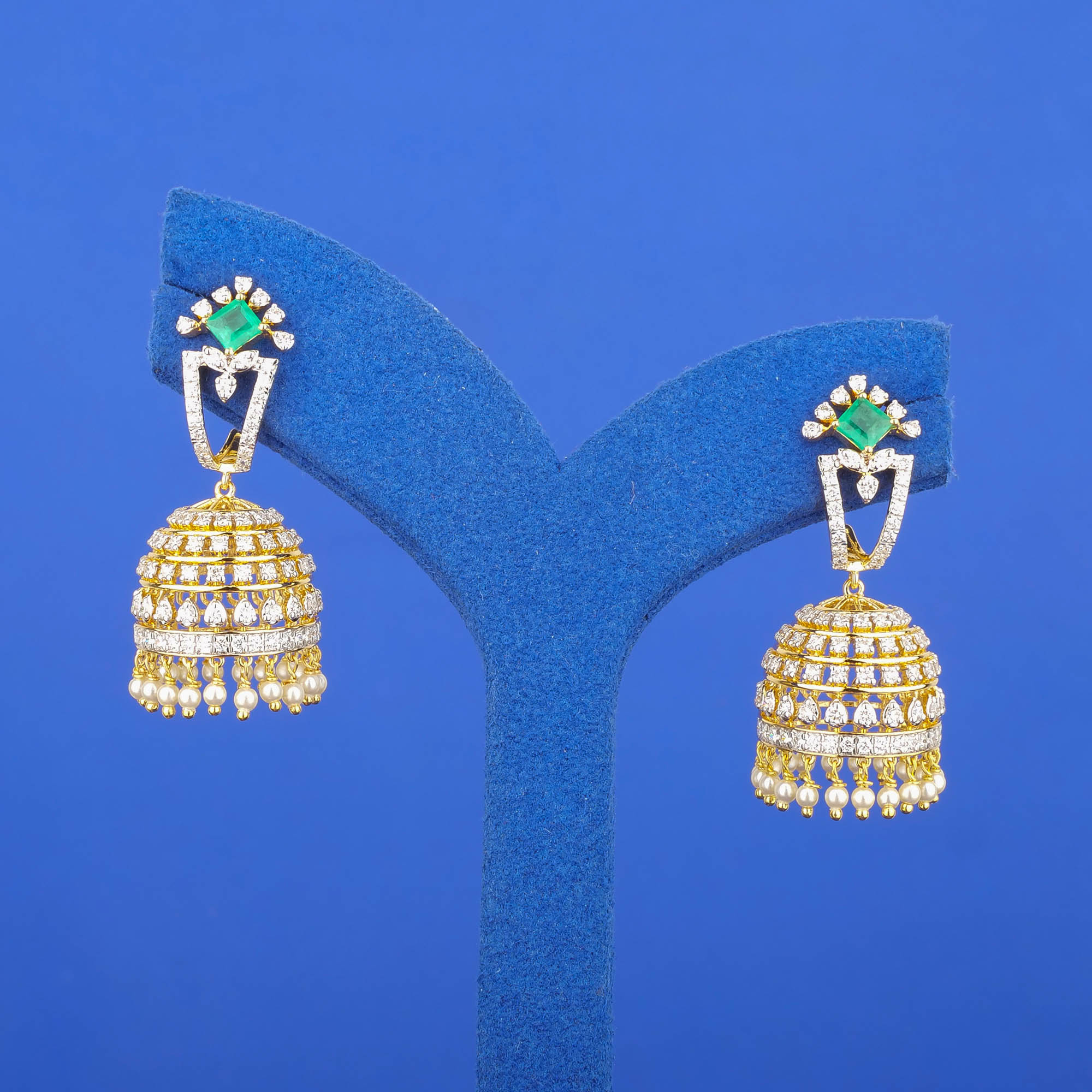 18K Yellow Gold Diamond Emerald Pearl 'Jhumka' Earrings