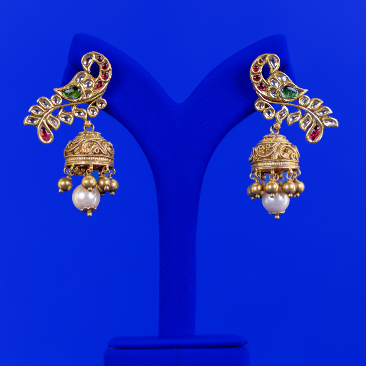 Luminescent Treasures: Handcrafted 22K Gold 'Antique' Earrings with Polki Diamonds