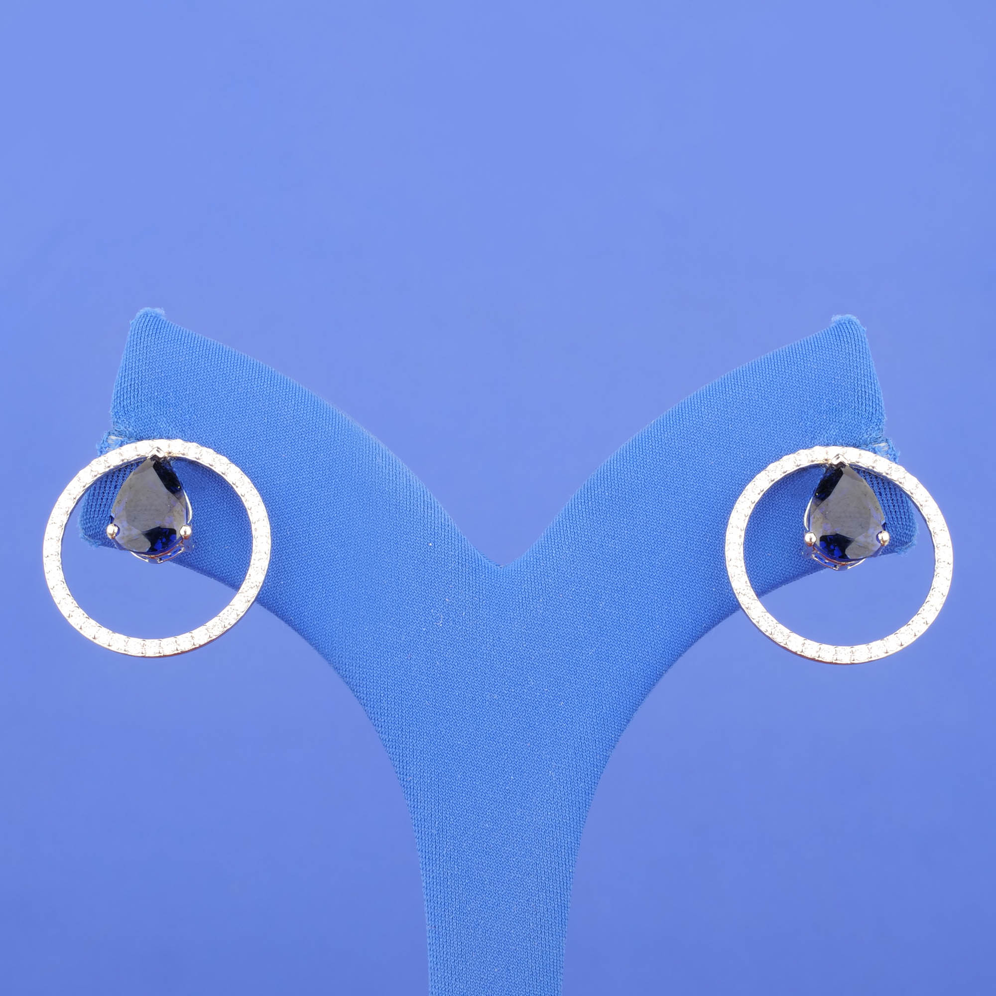 18K White Gold Diamond Earrings w/ Blue Stone