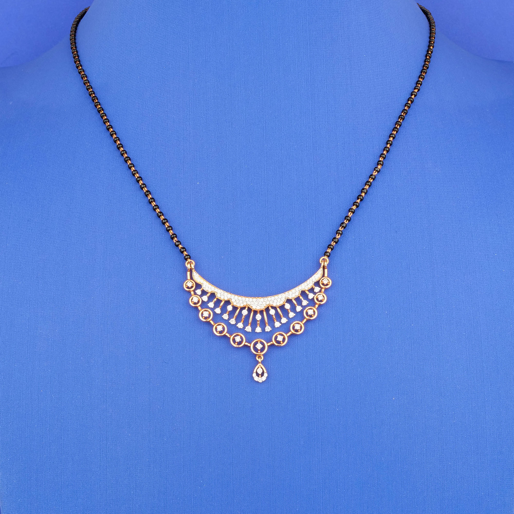 Handmade 18K Rose Gold Diamond Black Bead Mangalsutra Necklace
