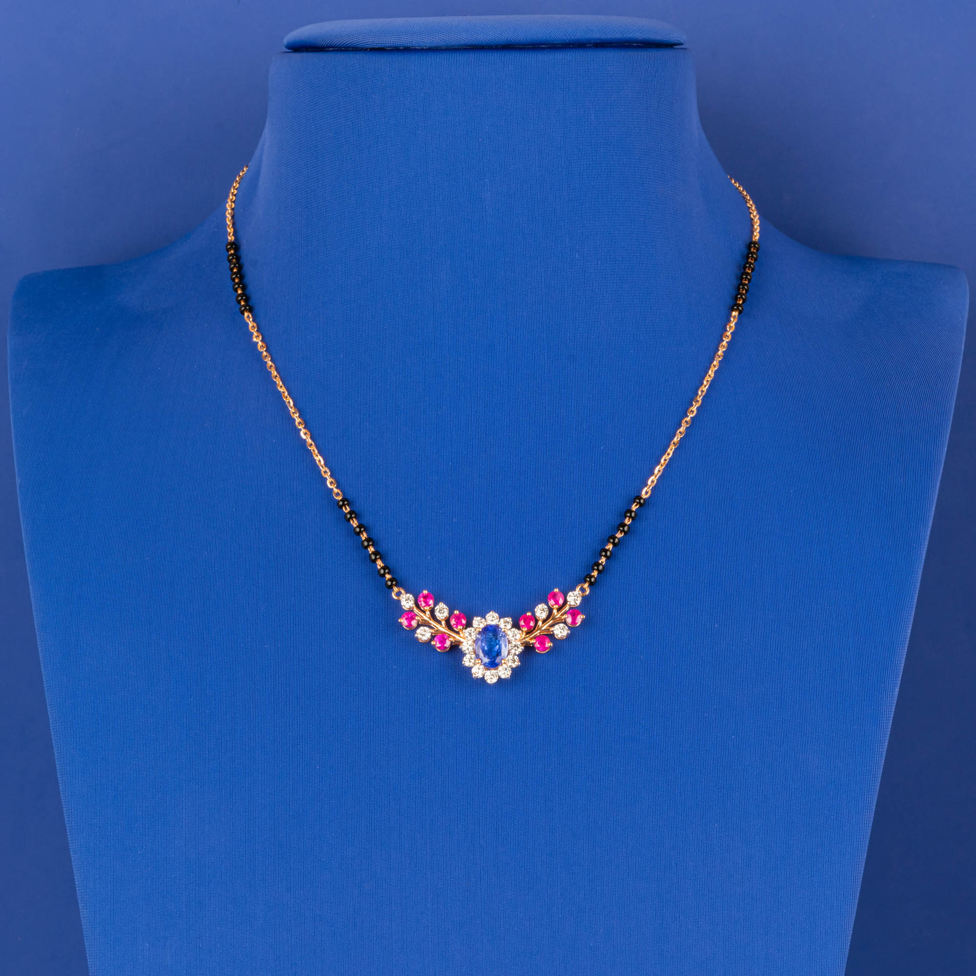 Twilight Glow: Handmade 18K Rose Gold Diamond Mangalsutra Necklace with Black Beads