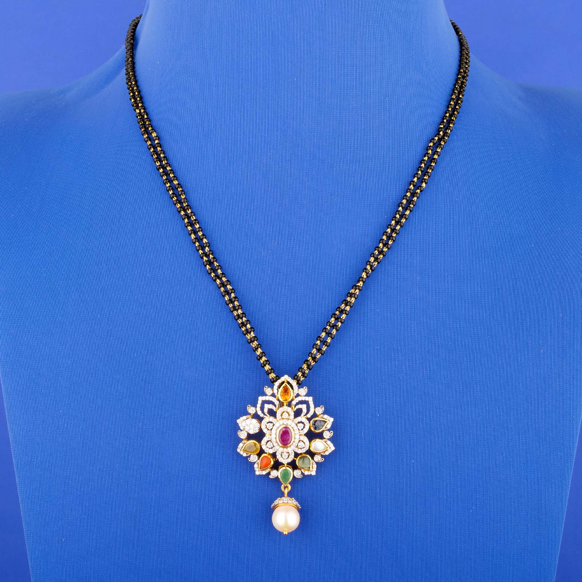 18K Yellow Gold Diamond Navratna Mangalsutra Necklace