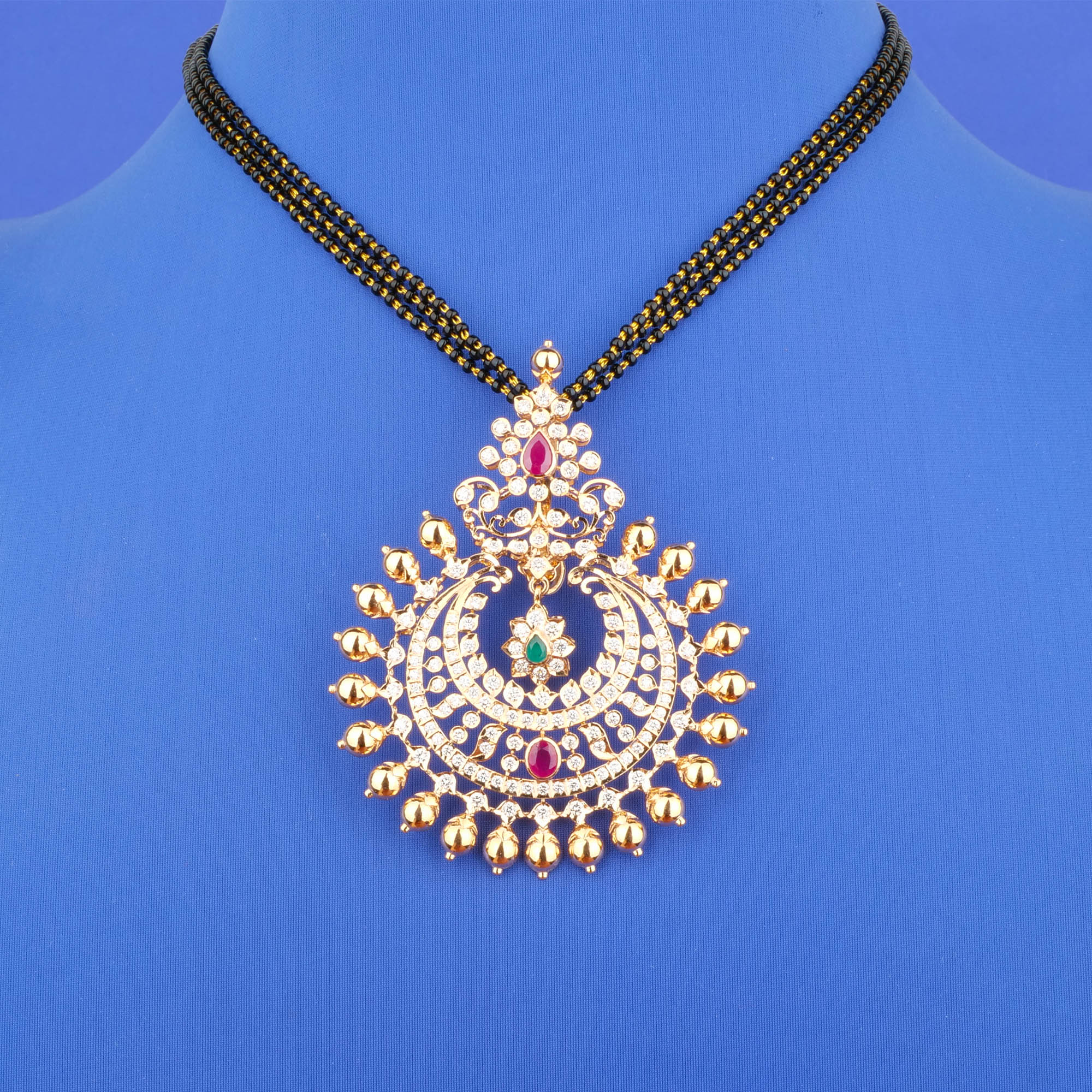 18K Gold Diamond Ruby Emerald Mangalsutra Necklace