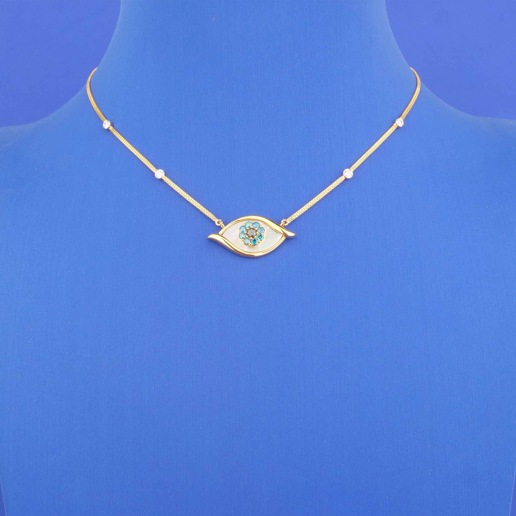 18K Yellow Gold Diamond/Black&Blue Diam 'Evil Eye' Necklace