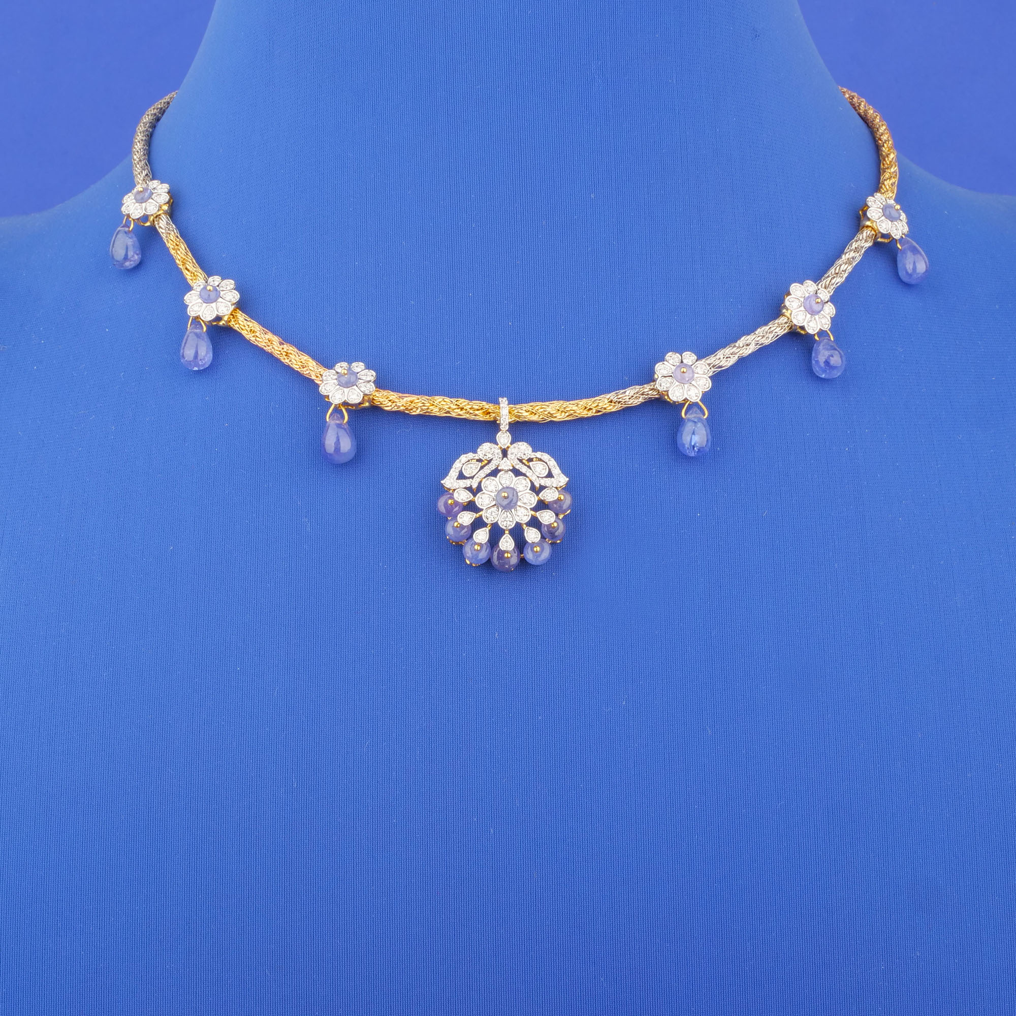 18K Yellow Gold Diamond Necklace w/ Blue Stones
