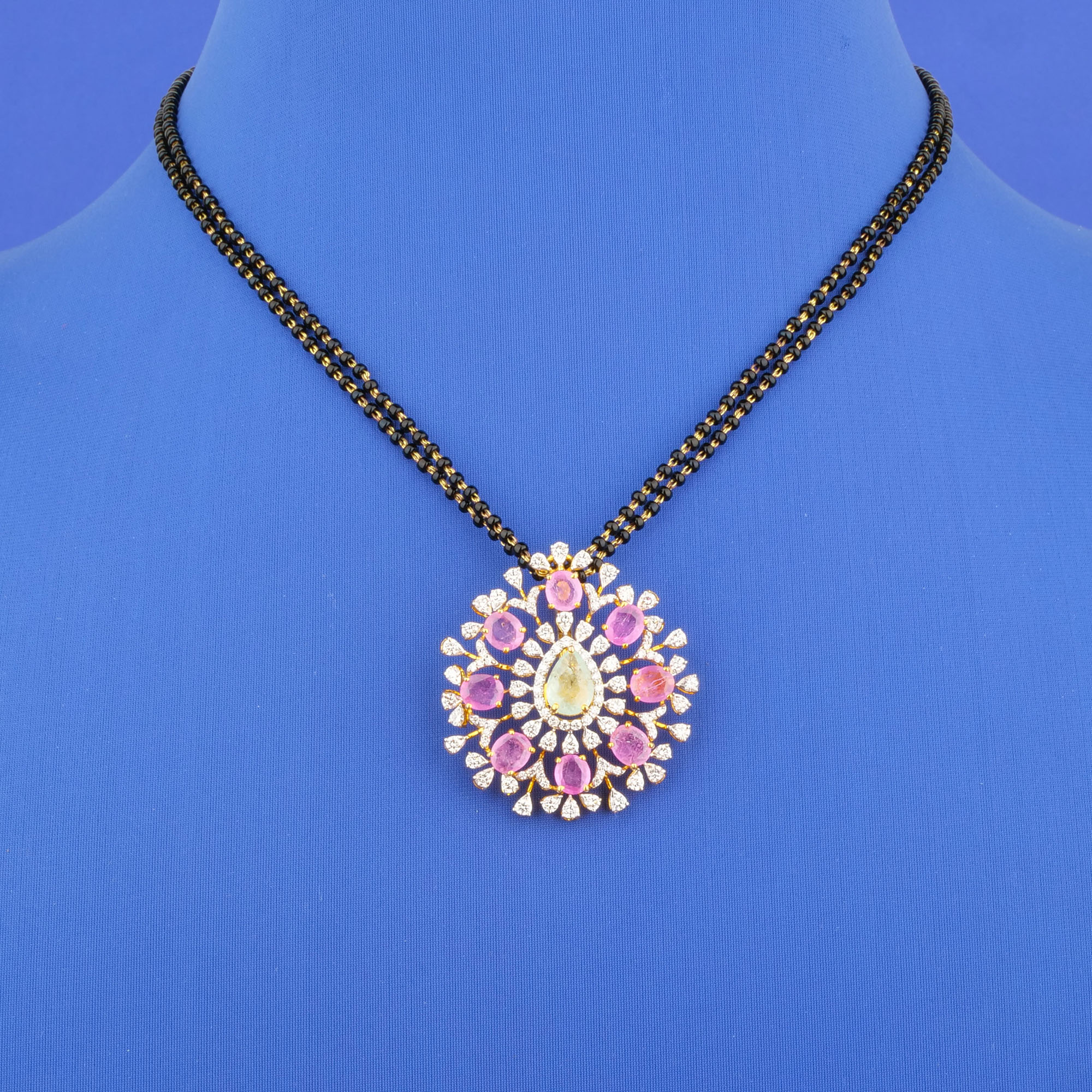 18K Yellow Gold Diamond Ruby Emerald Mangalsutra Necklace (Intchg.)