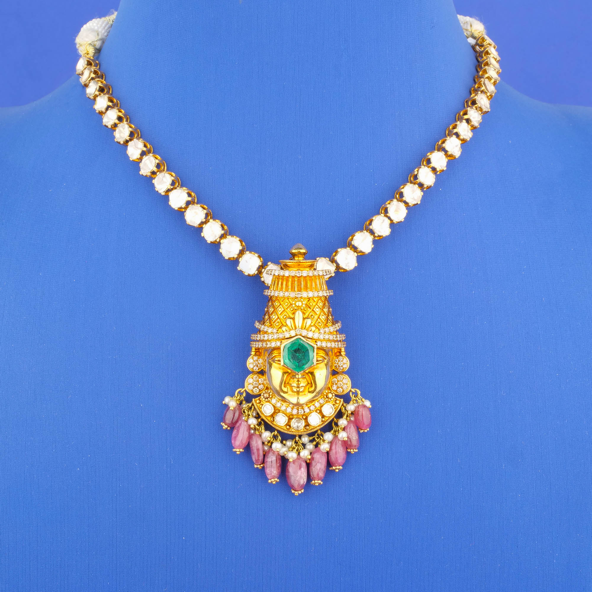 18K 'Victorian' Polki Diamond/Diamond Treated Emerald Necklace