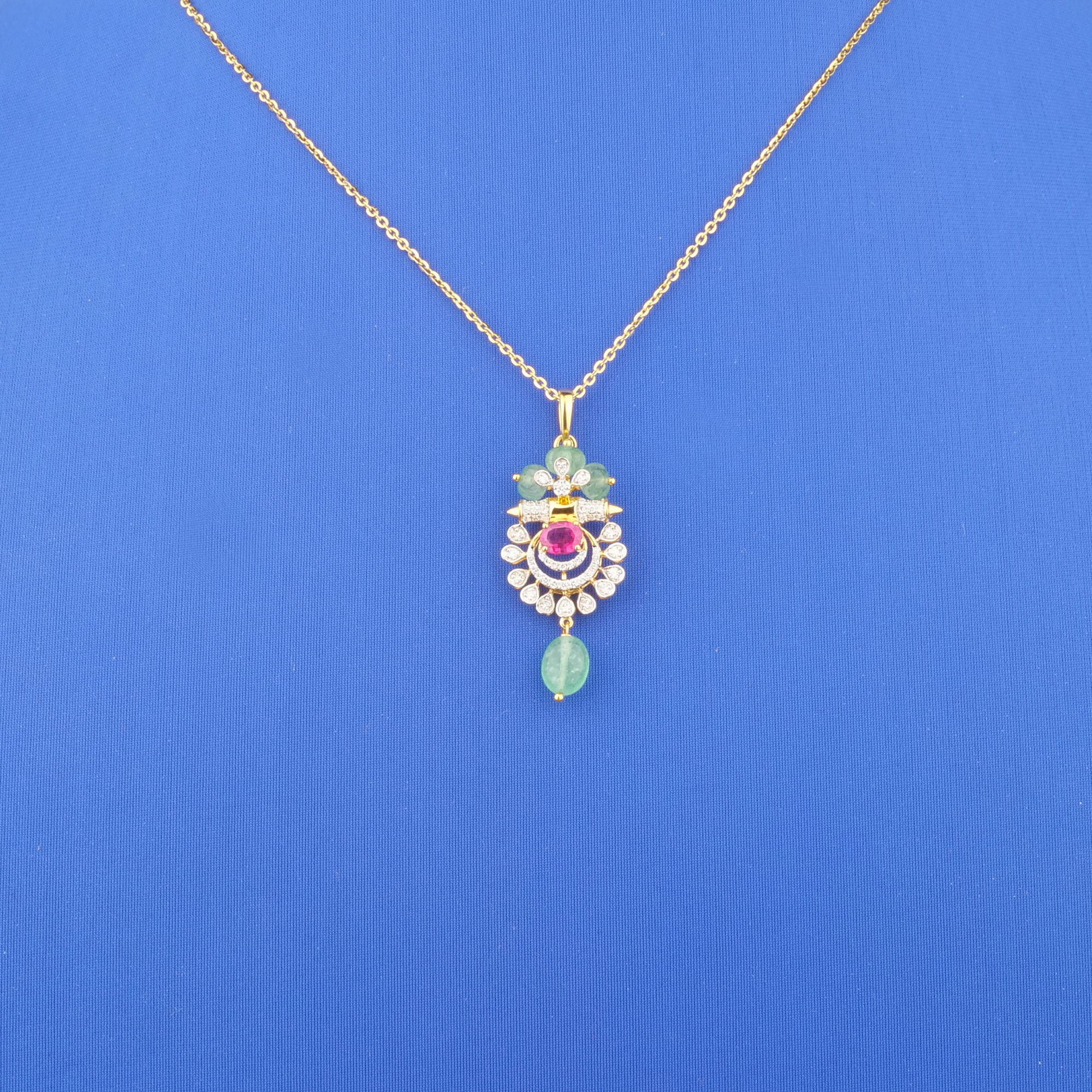 18K Yellow Gold Diamond Tourmaline Jade Necklace