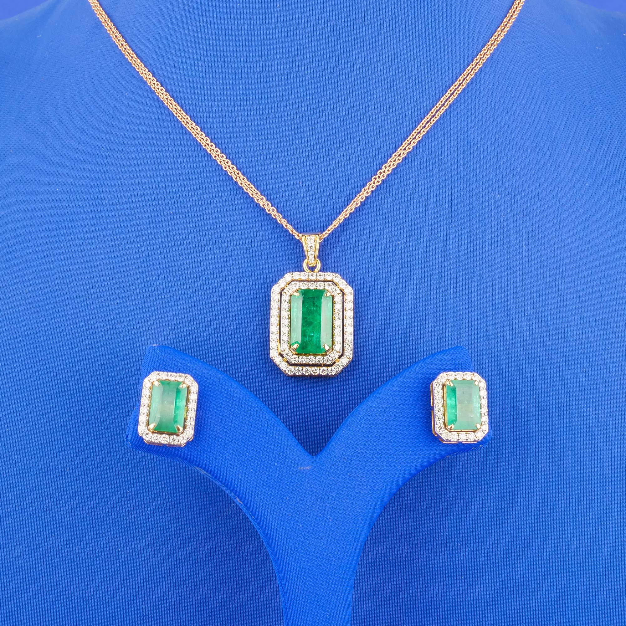 18K Yellow Gold Diamond Emerald Pendant and Earring set (chain not included)