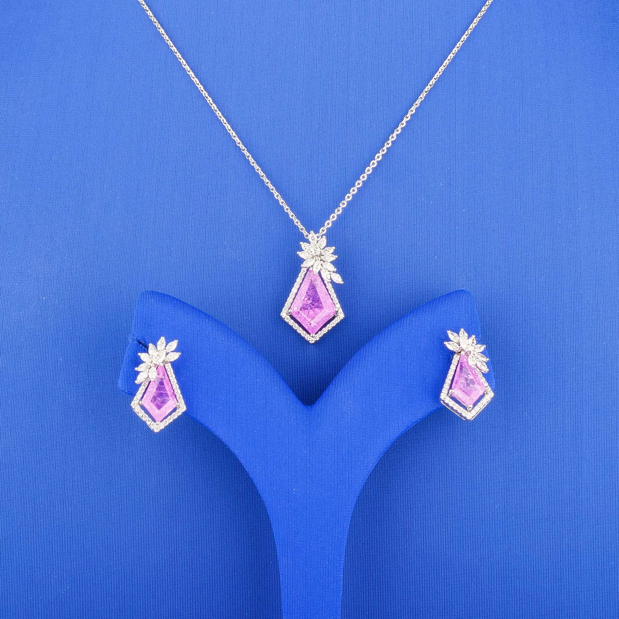 18K White Gold Diamond Pink Sapphire Pendant and Earring set (chain not included)