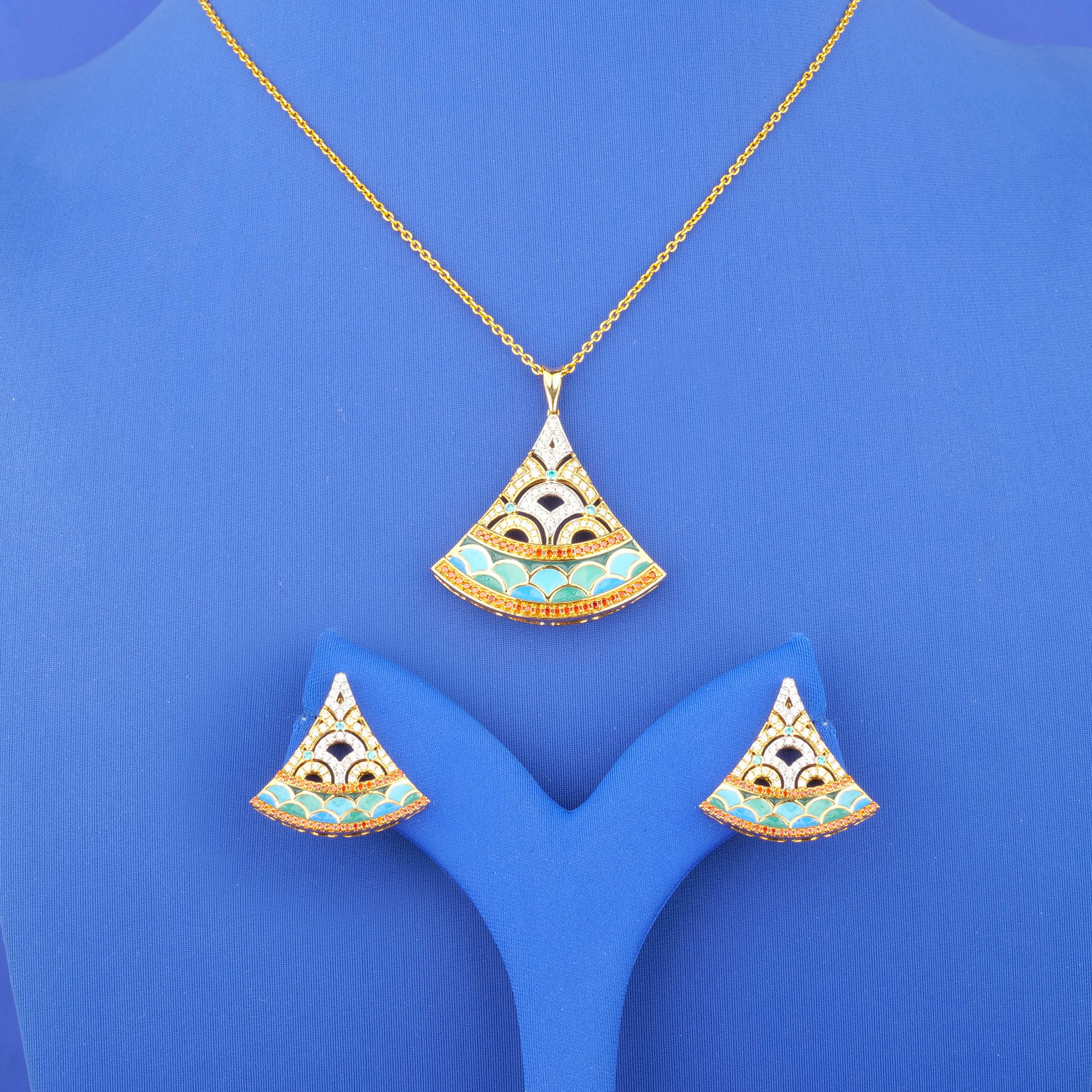 18K Yellow Gold Diamond Minakari Pendant and Earrings Set (Cat. #21C) (chain not included)