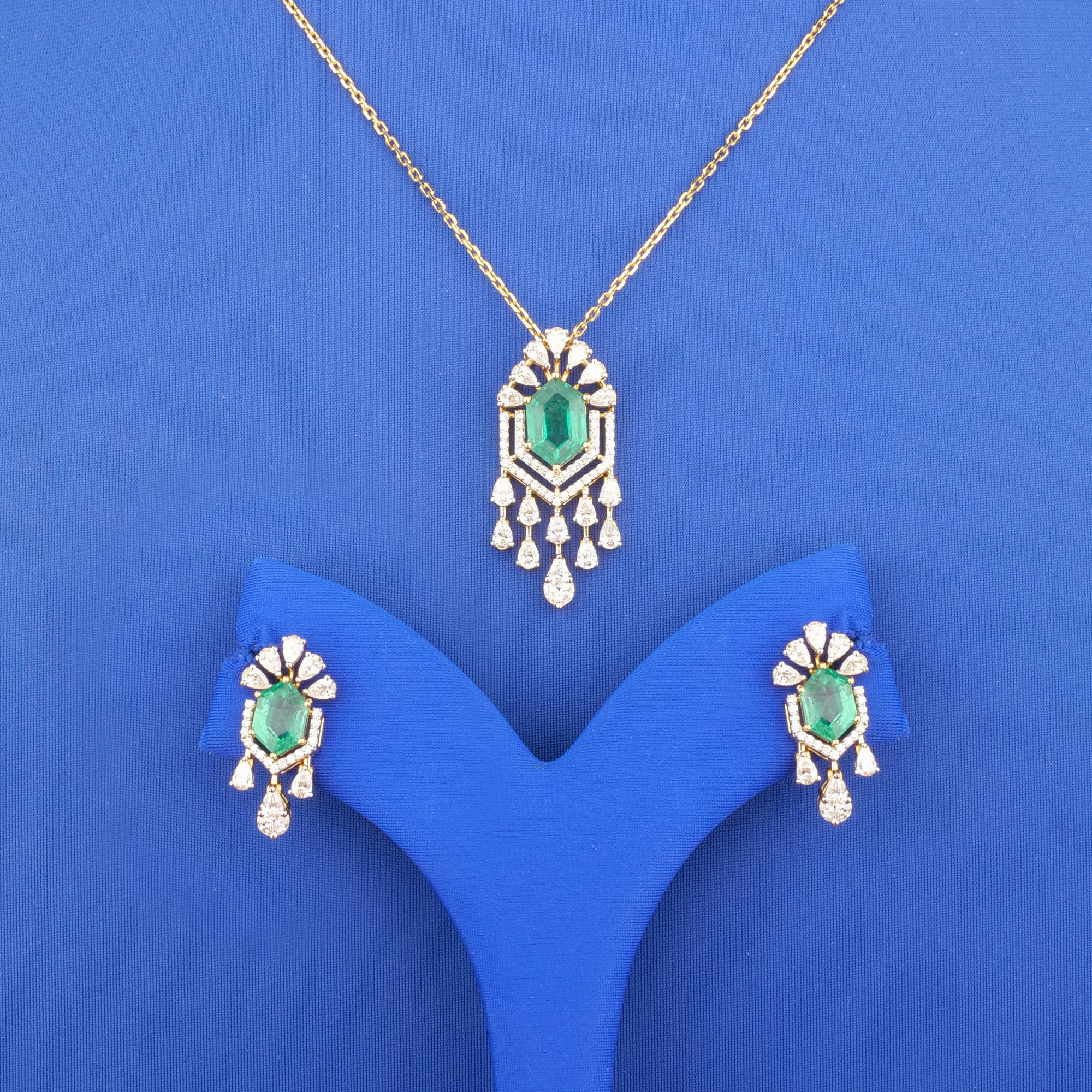 18K Yellow Gold Diamond Treated Emerald Pendant and Earrings Set (chain not included)