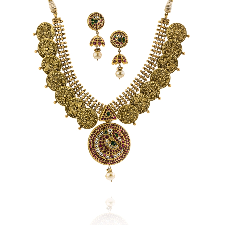 Handmade 22K Gold 'Antique' Polki Diamond Necklace & Earrings Set