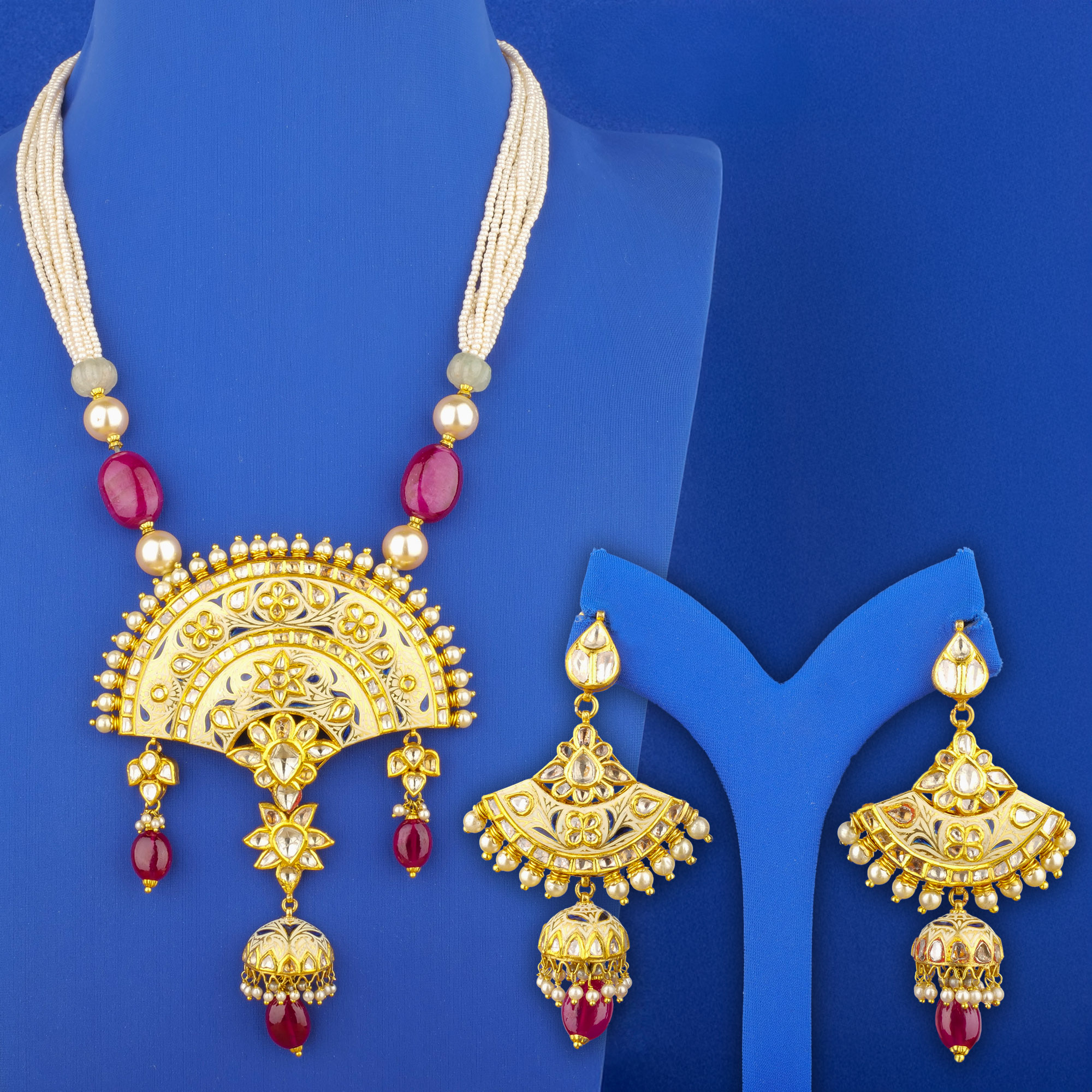 Handmade 18K Yellow Gold Polki Diamond Necklace & Earrings Set
