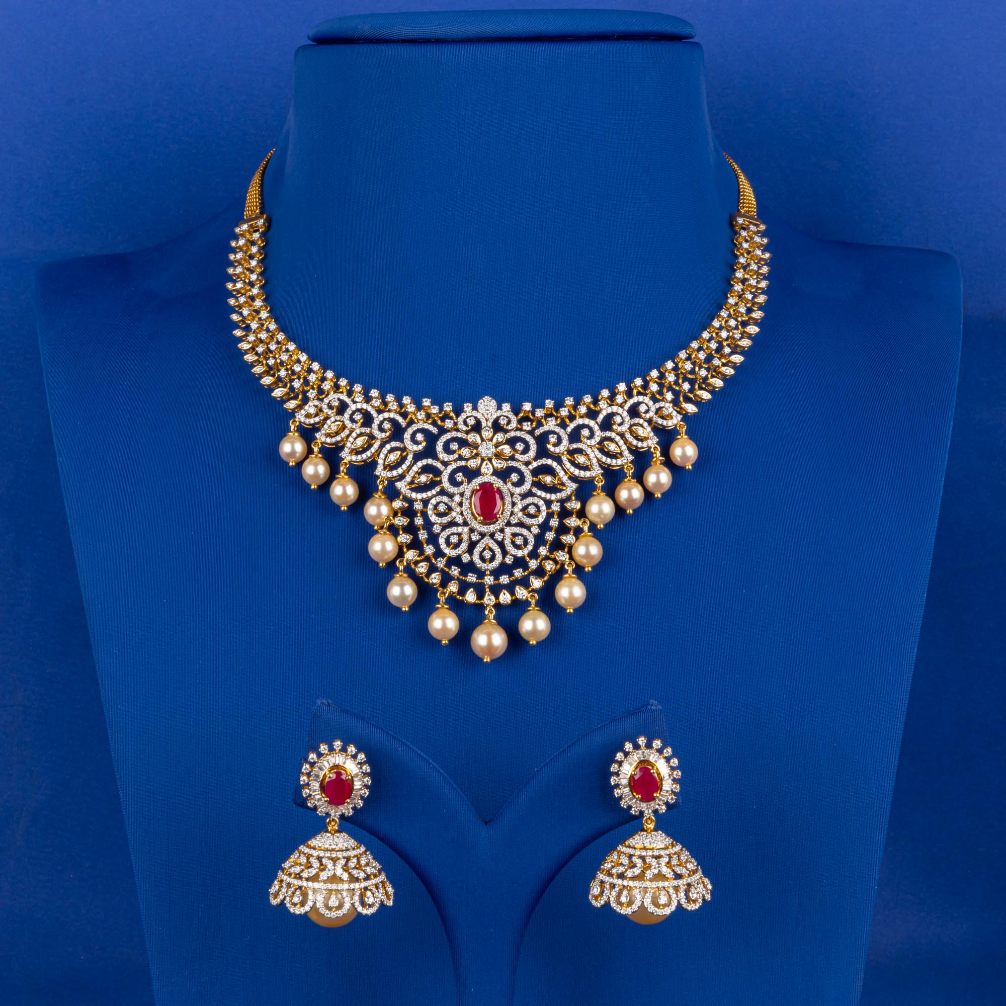 Timeless Treasures: Handmade 18K Yellow Gold Diamond Necklace and Earrings with Pearls and Interchangeable Center Stone (Emerald, Ruby, and Sapphire)
