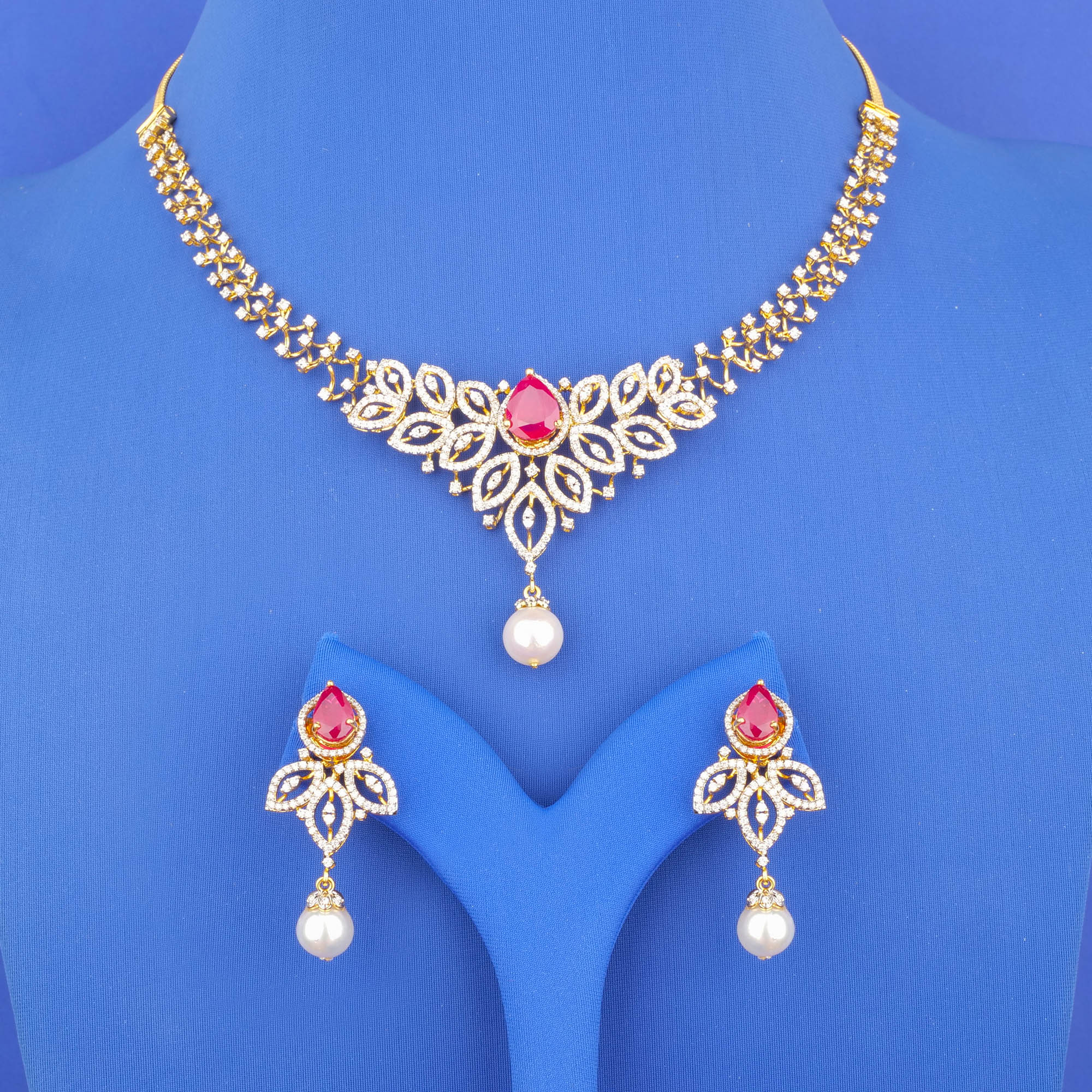 18K Yellow Gold Diamond Necklace and Earrings Set