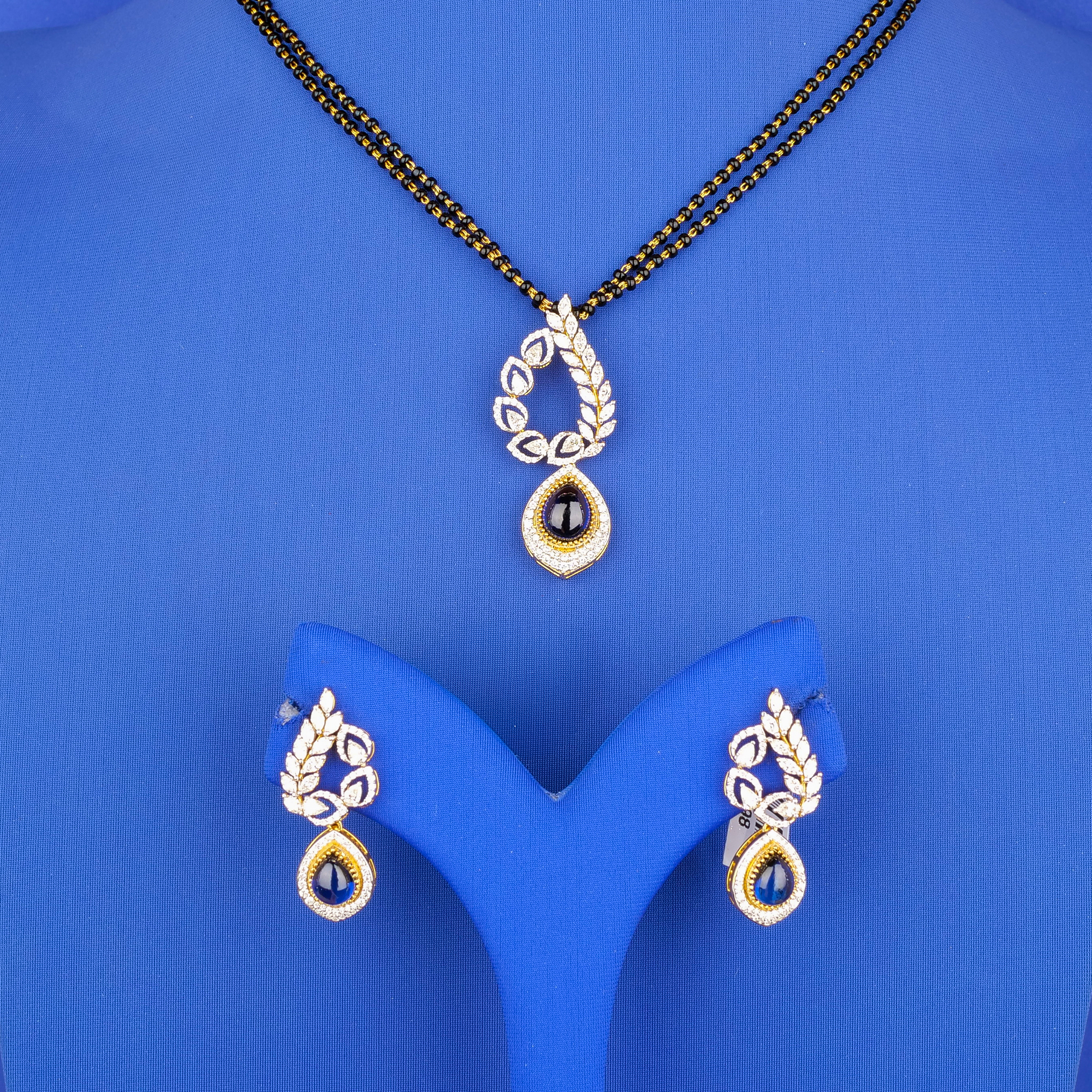 Opulent Ensemble: 18K Yellow Gold Diamond Mangalsutra Necklace and Earring Set with Stones