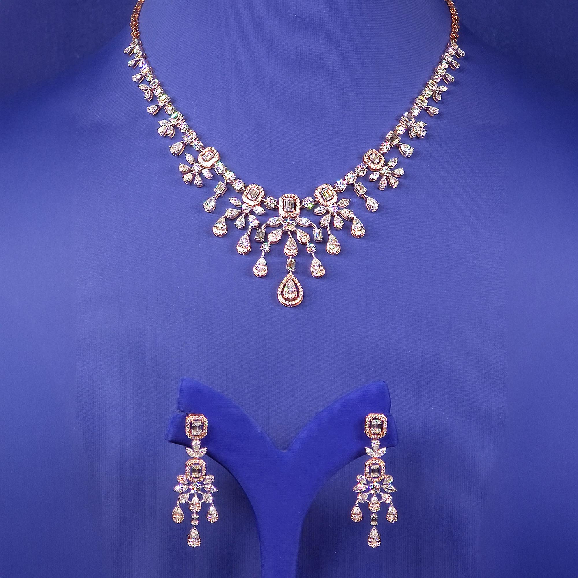 18K Rose Gold / White Gold Diamond Necklace Earring Set