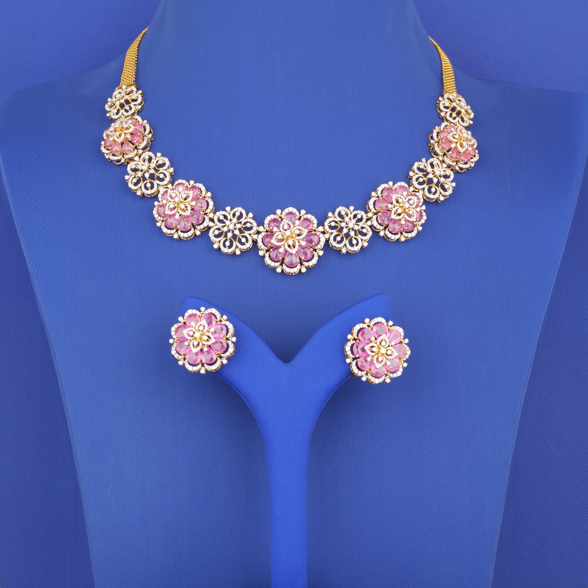 18K Yellow Gold Diamond  Necklace and Earring Set w/Pink Stones