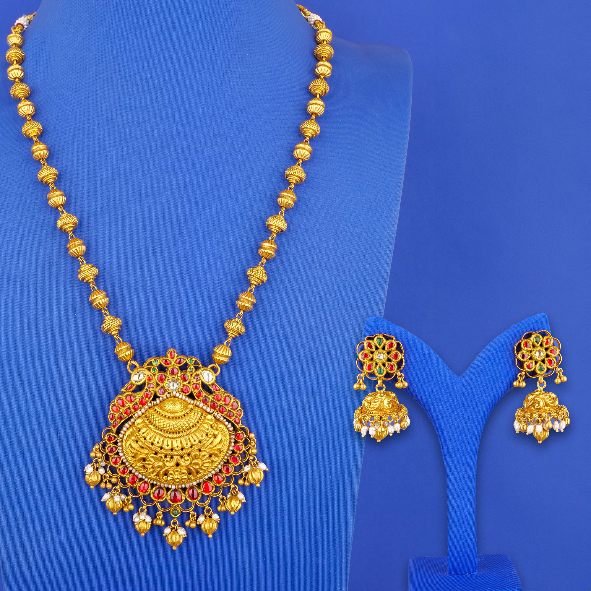 22K 'Antique' Polki Diamond Pearl Necklace and Earring Set