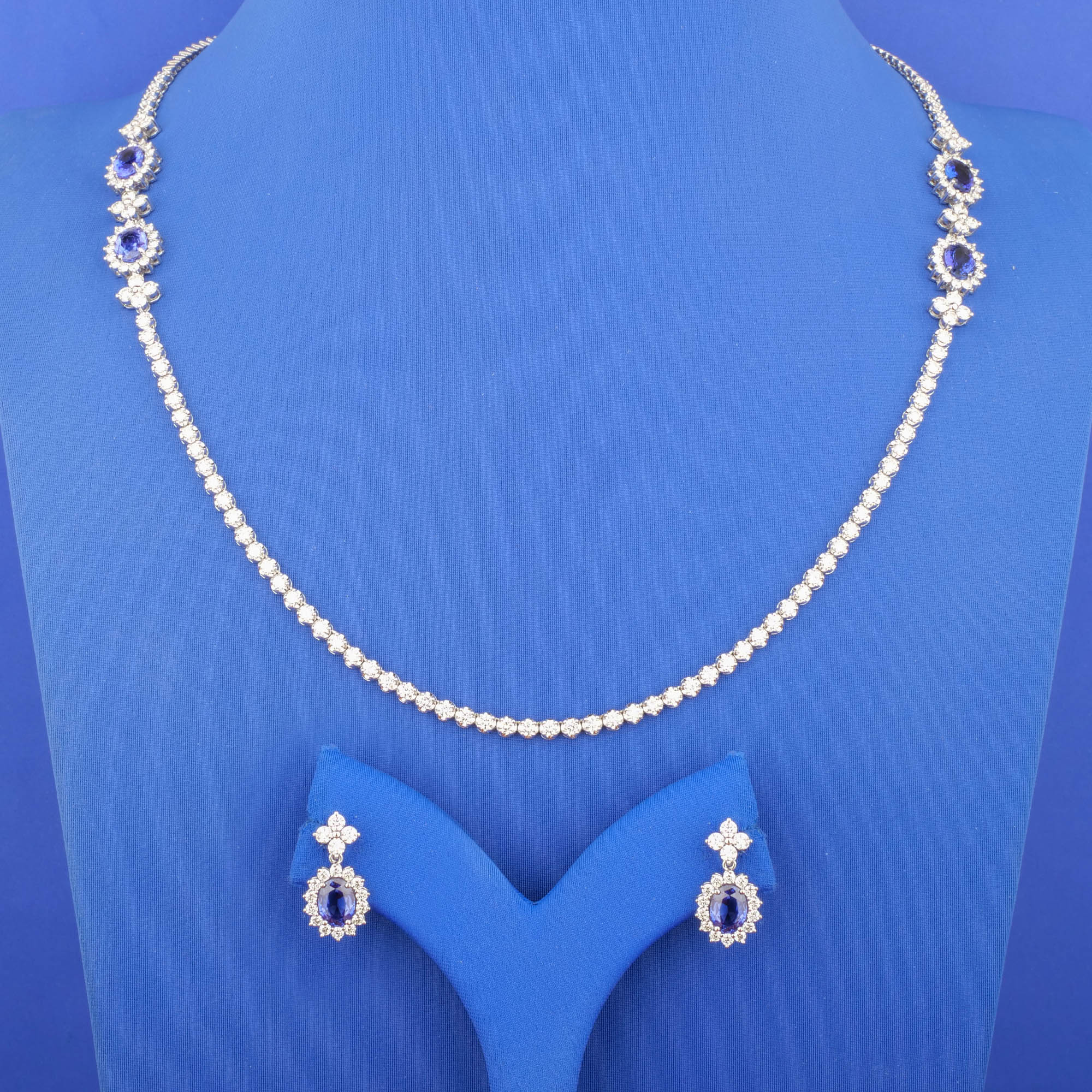 18K White Gold Diamond Tanzanite Necklace and Earrings Set