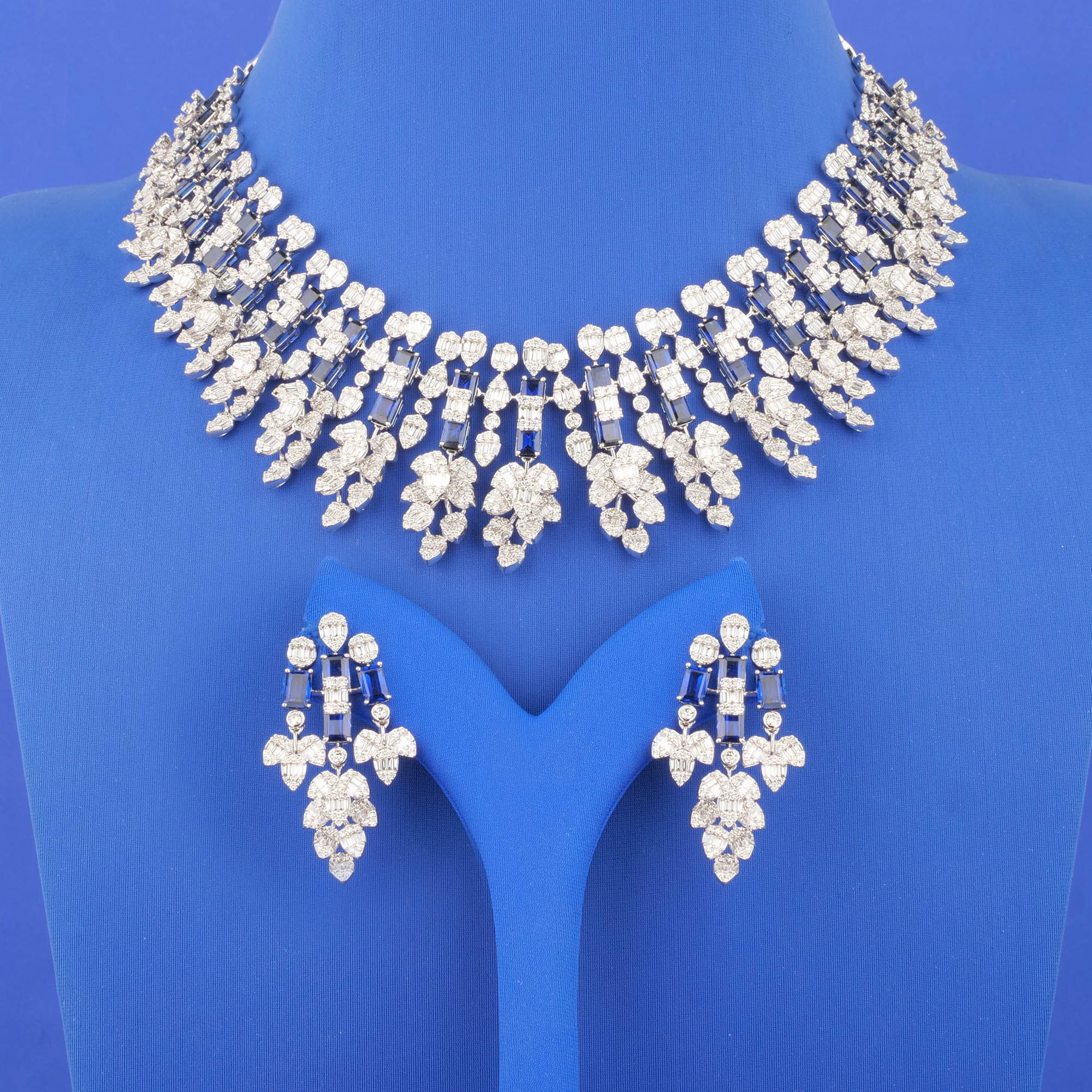 18K White Gold Diamond Necklace Earring Set w/ Blue Stones