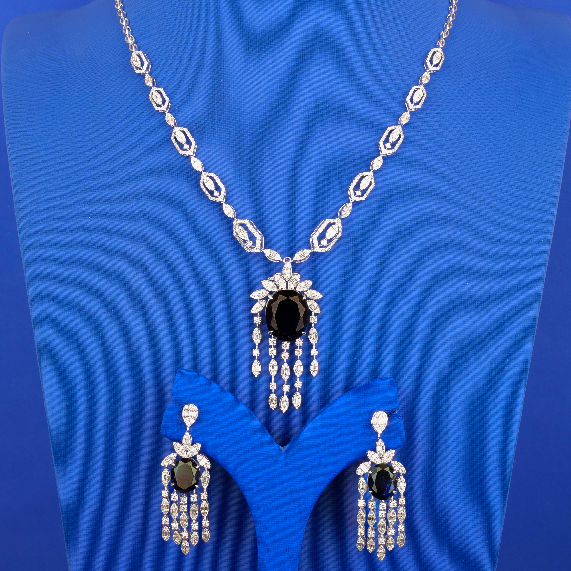 18K White Gold Diamond Necklace and Earring Set w/ Blue Stones