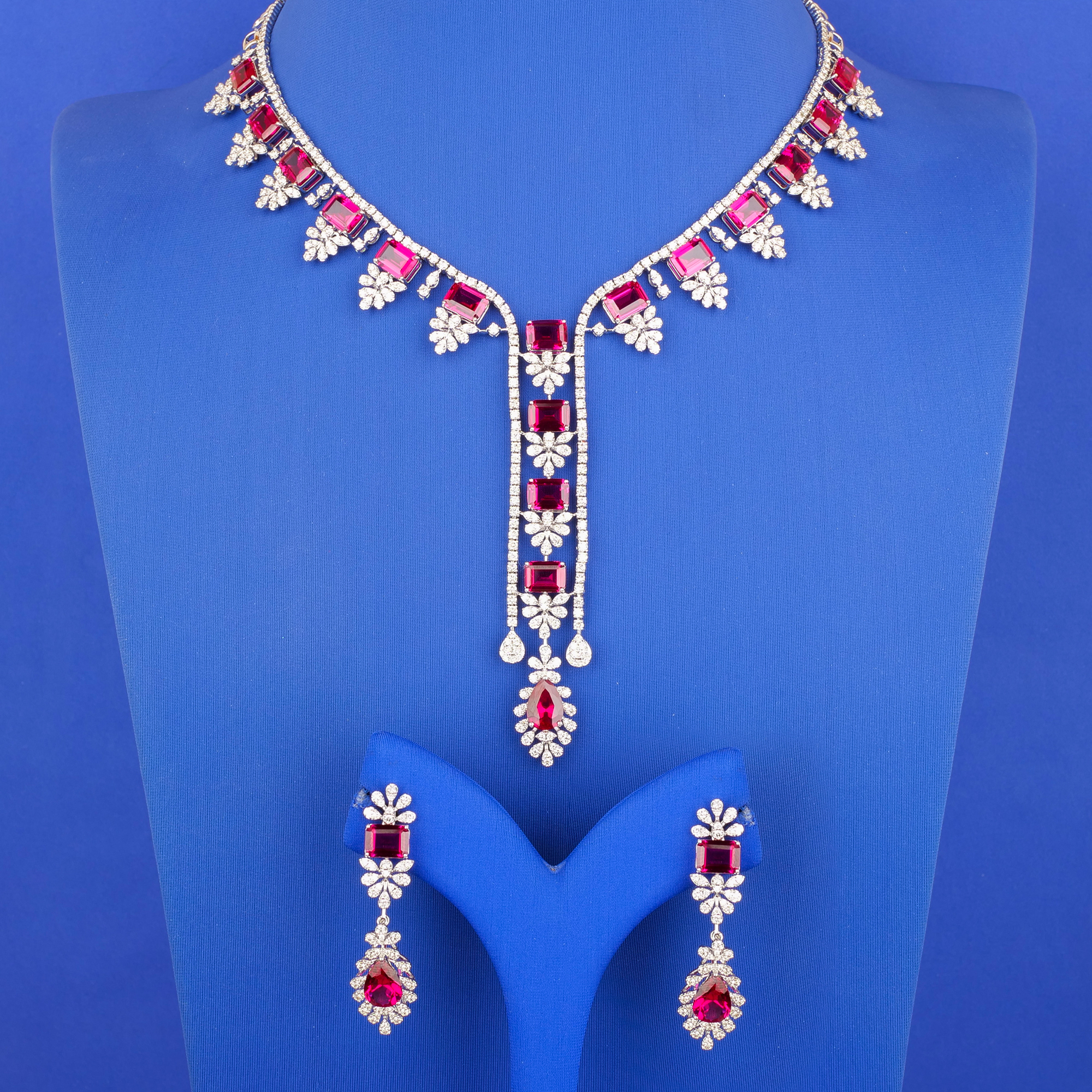 18K White Gold Diamond Necklace and Earring Set w/ Red Stones