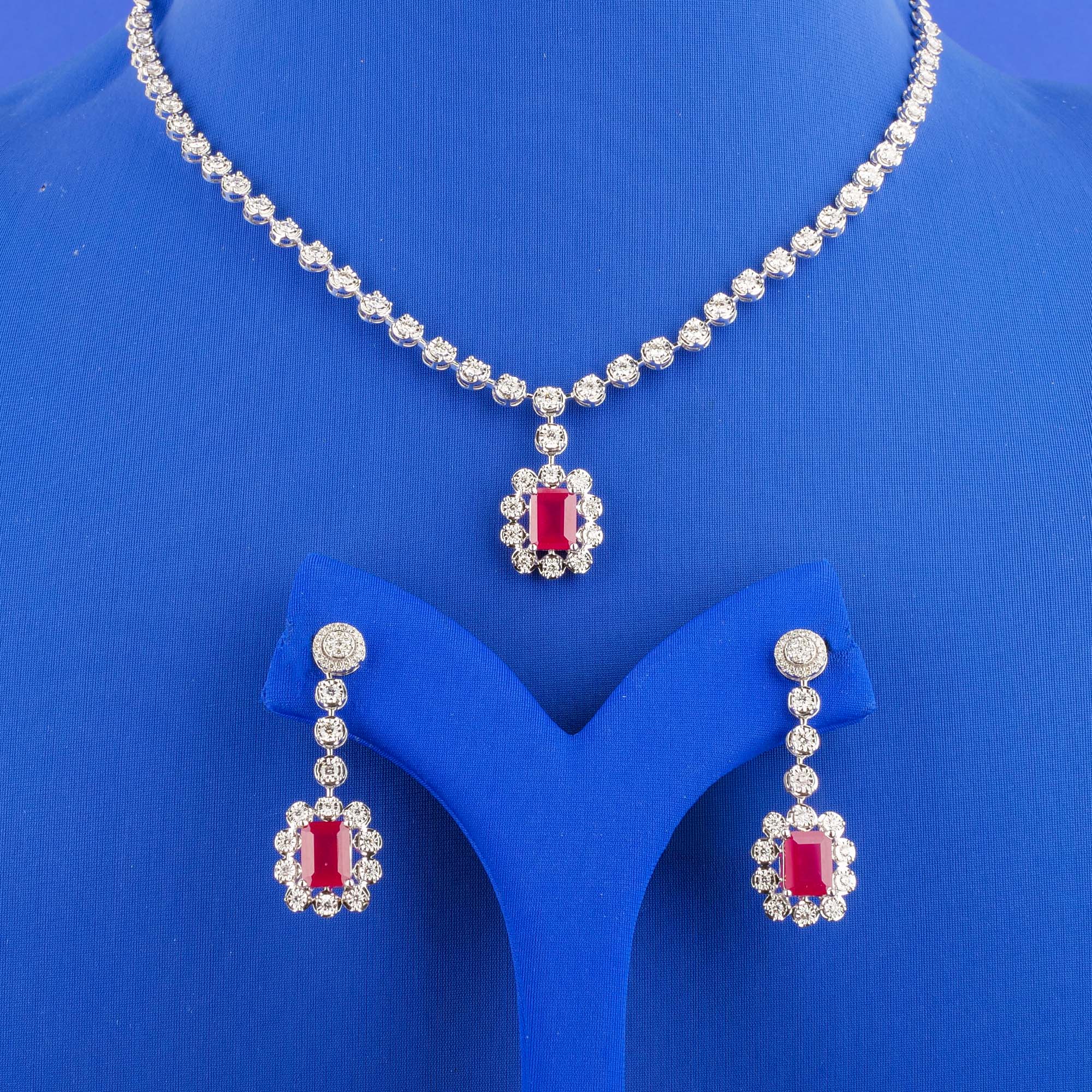 18K White Gold Diamond Necklace and Earring Set w/ Red Stones