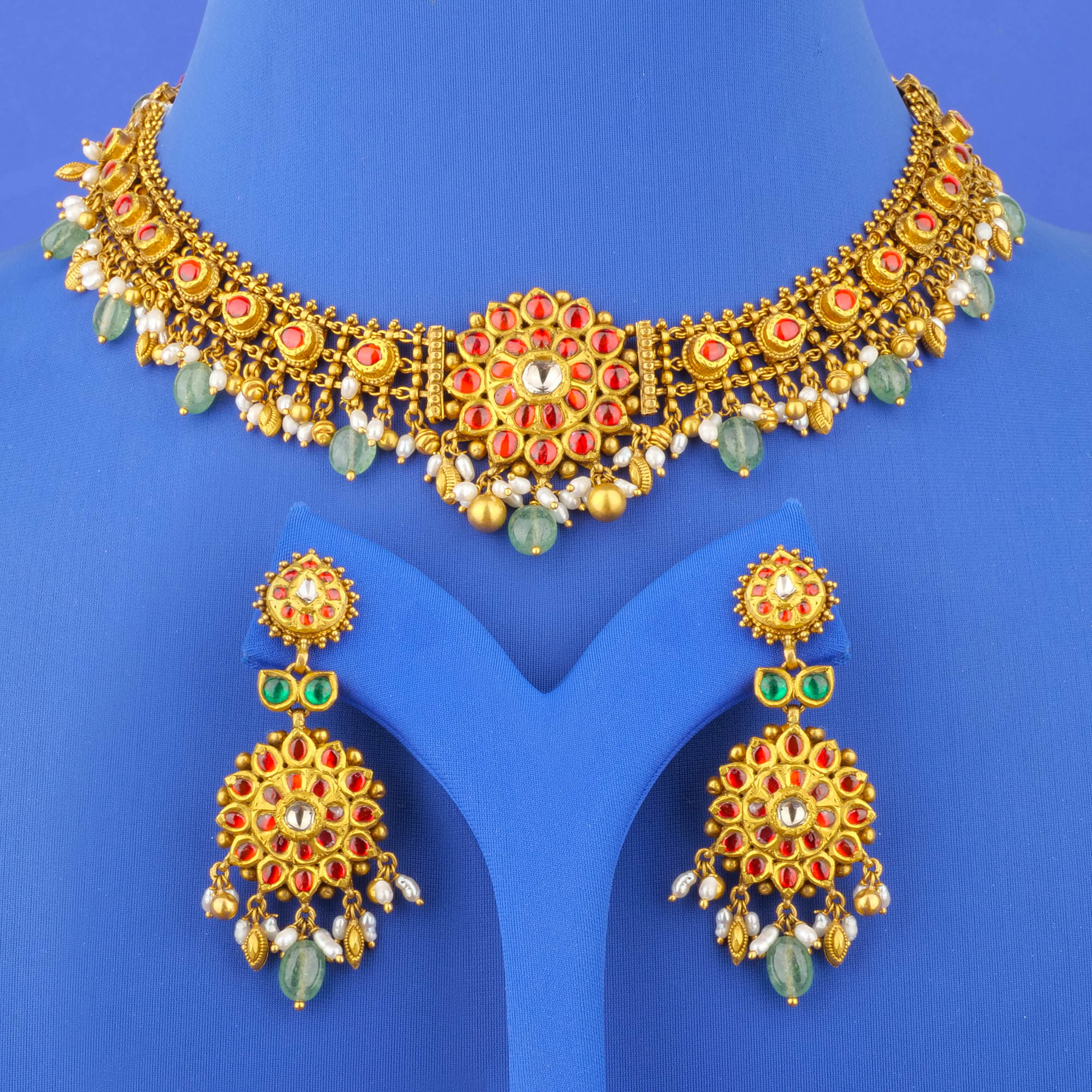 Twenty-Two Karat 'Antique' Polki Diamond Necklace and Earrings Set (Cat. #36)