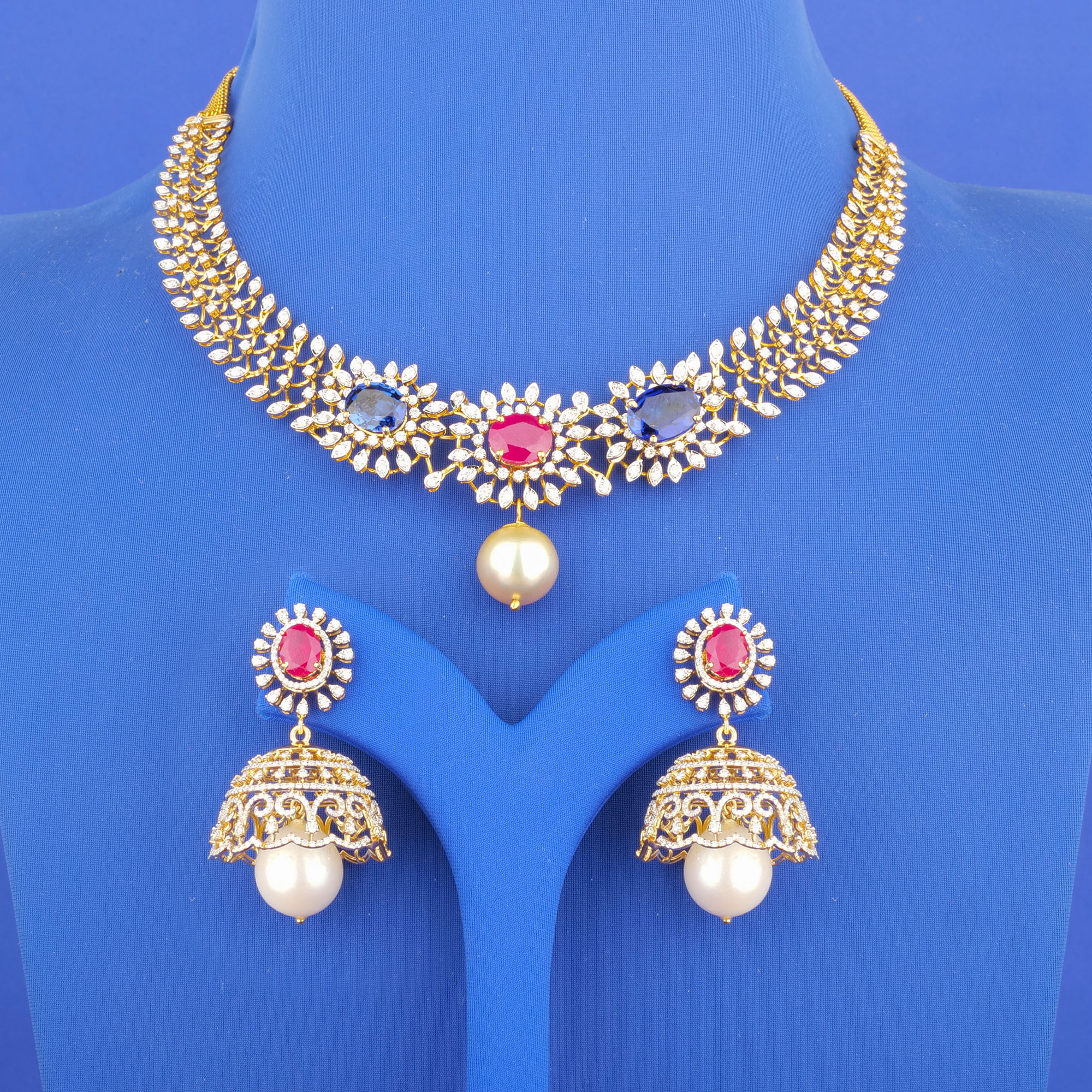 18K Yellow Gold Diamond Necklace and Earrings Set (Intchg.)