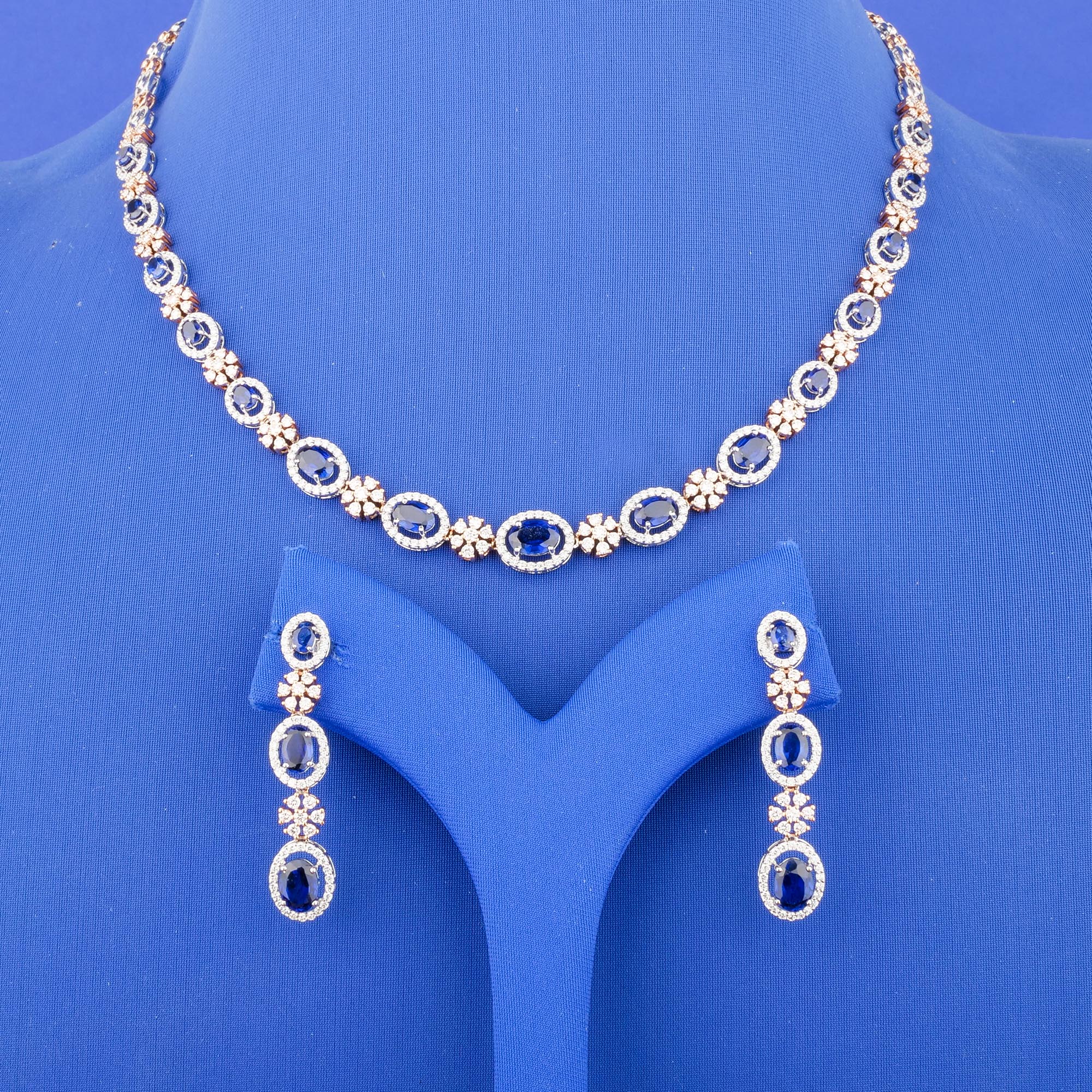 18K Rose Gold & White Gold Diamond Necklace and Earring Set w/ Blue Stones (Cat. #9)